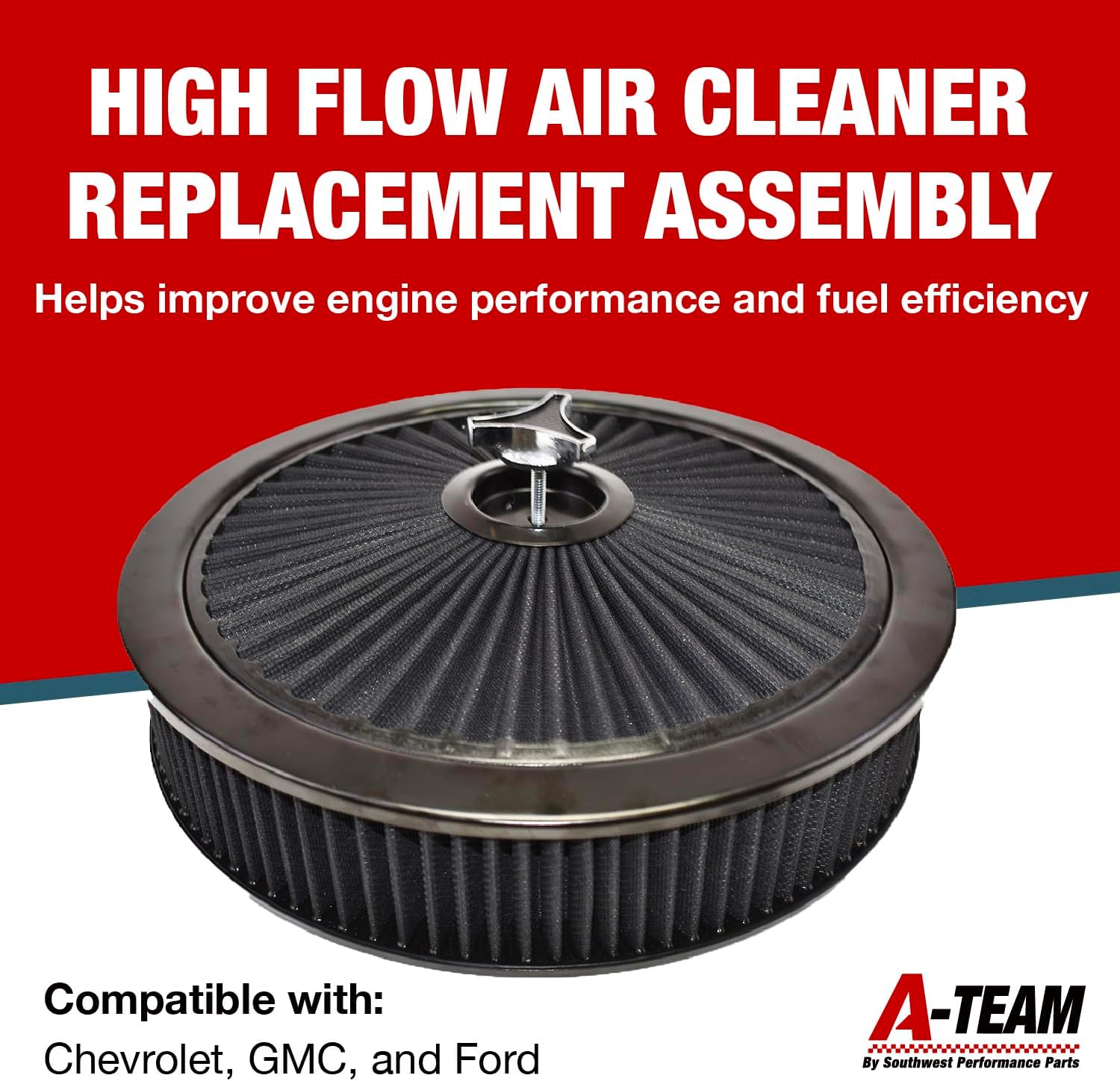 A-Team Performance High Flow Throttle Body Air Intake Filter - 14 in x 3 in, Round, Black - Carburetor Air Filter Kit - Washable & Reusable Design - Compatible with Chevrolet, GMC & Ford Models