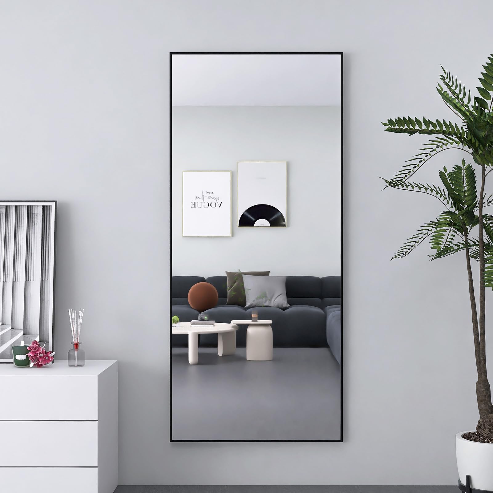 Espejo de Piso rectangular 180 x 80 cm, espejo con base de aleación de aluminio espejo de longitud completa, gran espejo de pared para dormitorio y vestidor (negro, 180 x)