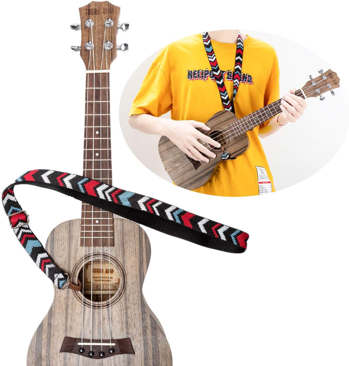 Ukulele Strap hanging neck no Drilling, Red Ukulele Strap and Blue Ukulele Strap made from nylon bohemian, Cute Uke Strap, Standard ukulele playing length for men/girls/kid. (Red arrow)