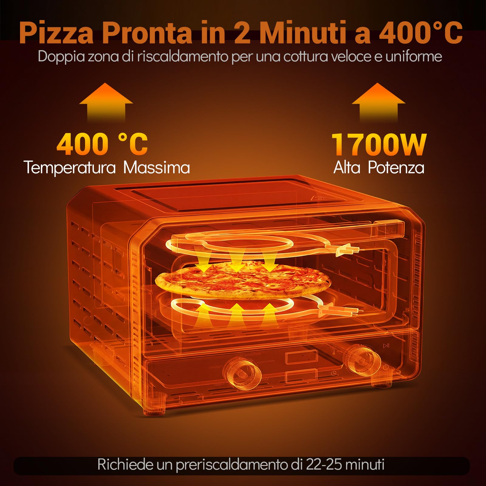 COSTWAY Forno Pizza Elettrico, 1700 W Macchina per Pizza Professionale con 6 Modalità Preimpostate Taglierina e Pietra Refrattaria, Raggiunge fino 400°C, 43x47x28 cm