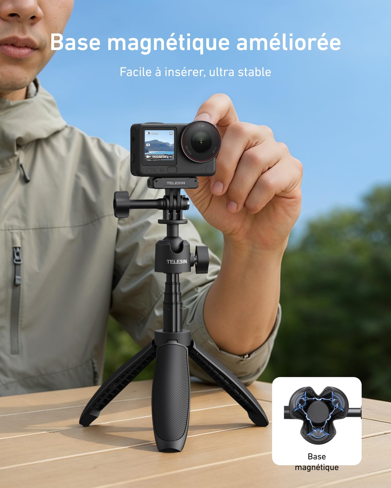 TELESIN 46CM Mini Perche Selfie Trépied pour DJI Osmo Nano Action 6/5 Pro/4, GoPro Hero 13/12, Insta360 X5 X4 Ace Pro – Monopode Réglable 360°, Poignée Extensible Vlog, Base Magnétique Stable