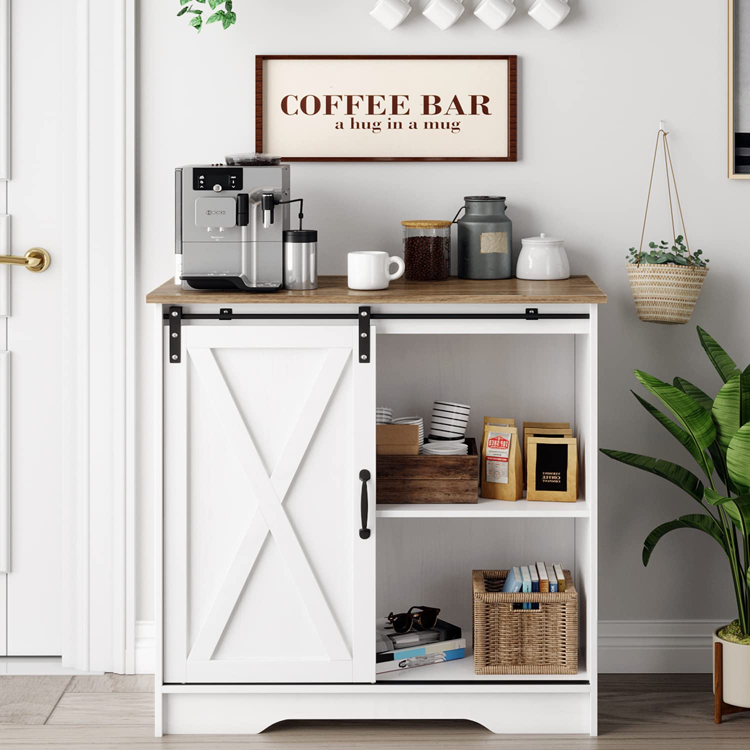 Buy Farmhouse White Coffee Bar Cabinet with Storage Shelf Modern ...