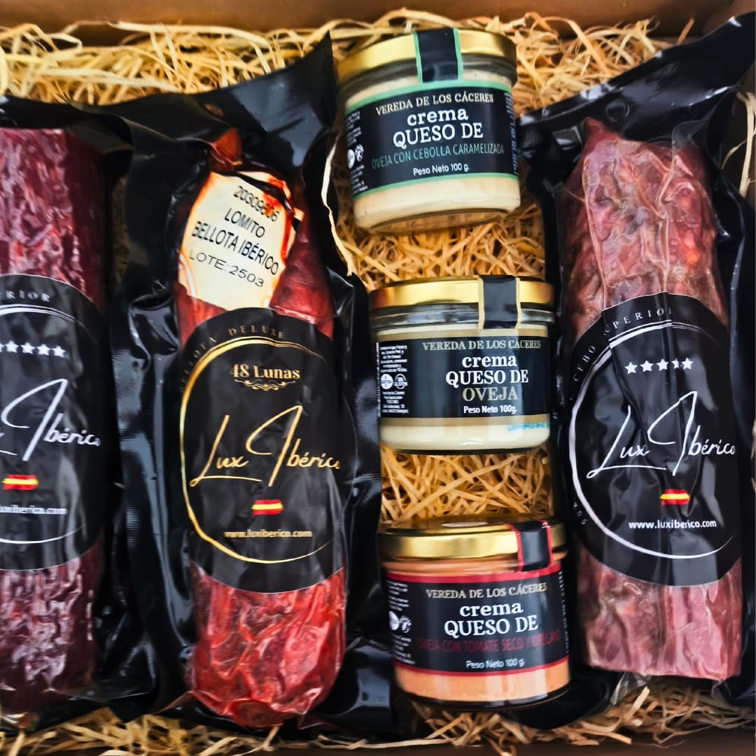 LUX IBÉRICO - Cesta Olissipo, Cremas de Queso y Embutido Ibérico | Cesta gourmet con 3 cremas de queso, velón de chorizo y salchichón ibérico y lomito de bellota, 2,5Kg