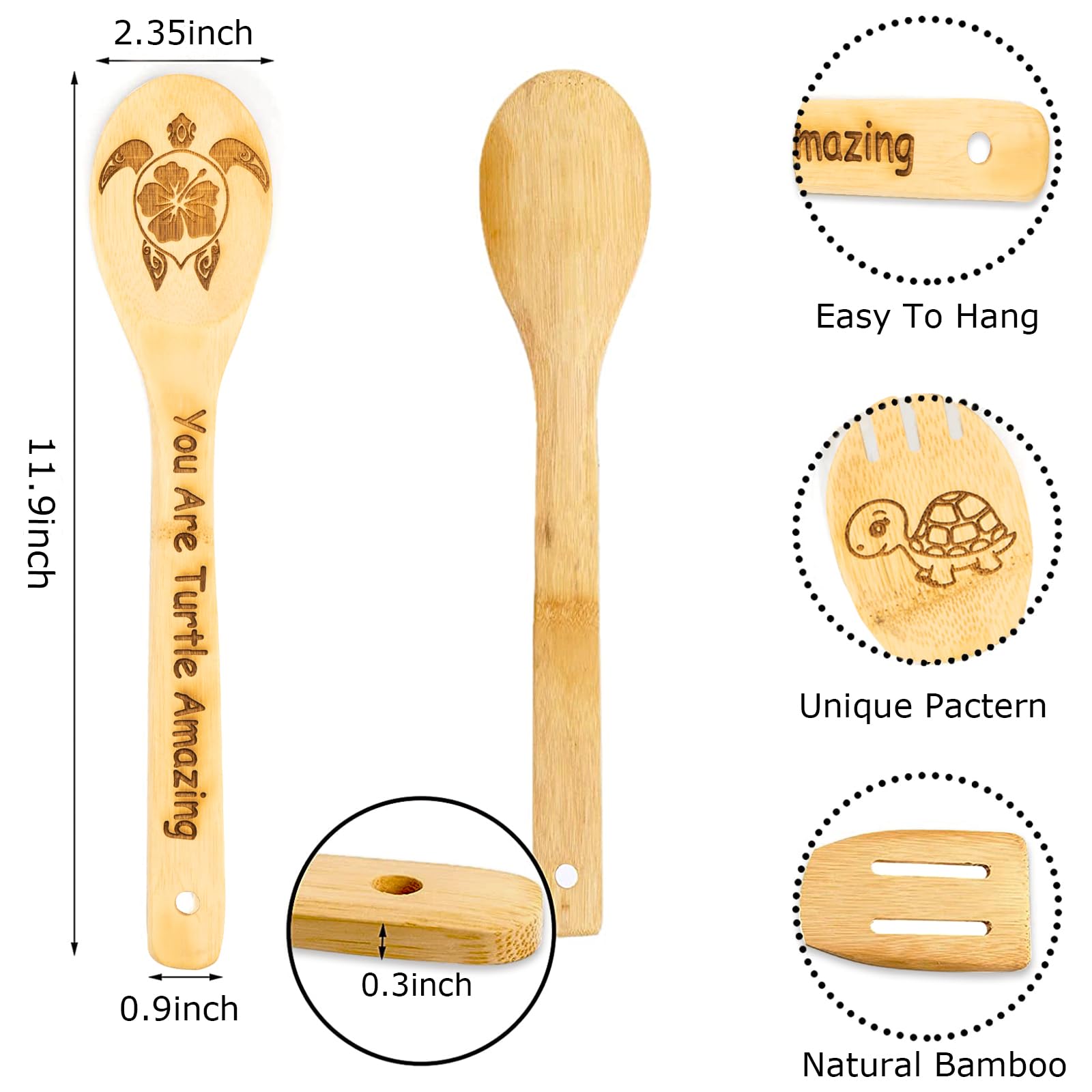 5-teiliges Bambus-Kochlöffel-Set, Schildkrötenmotiv, Küchengeschirr, Geschenk für Frauen, Männer, Hochzeit, Einzug, 30 cm
