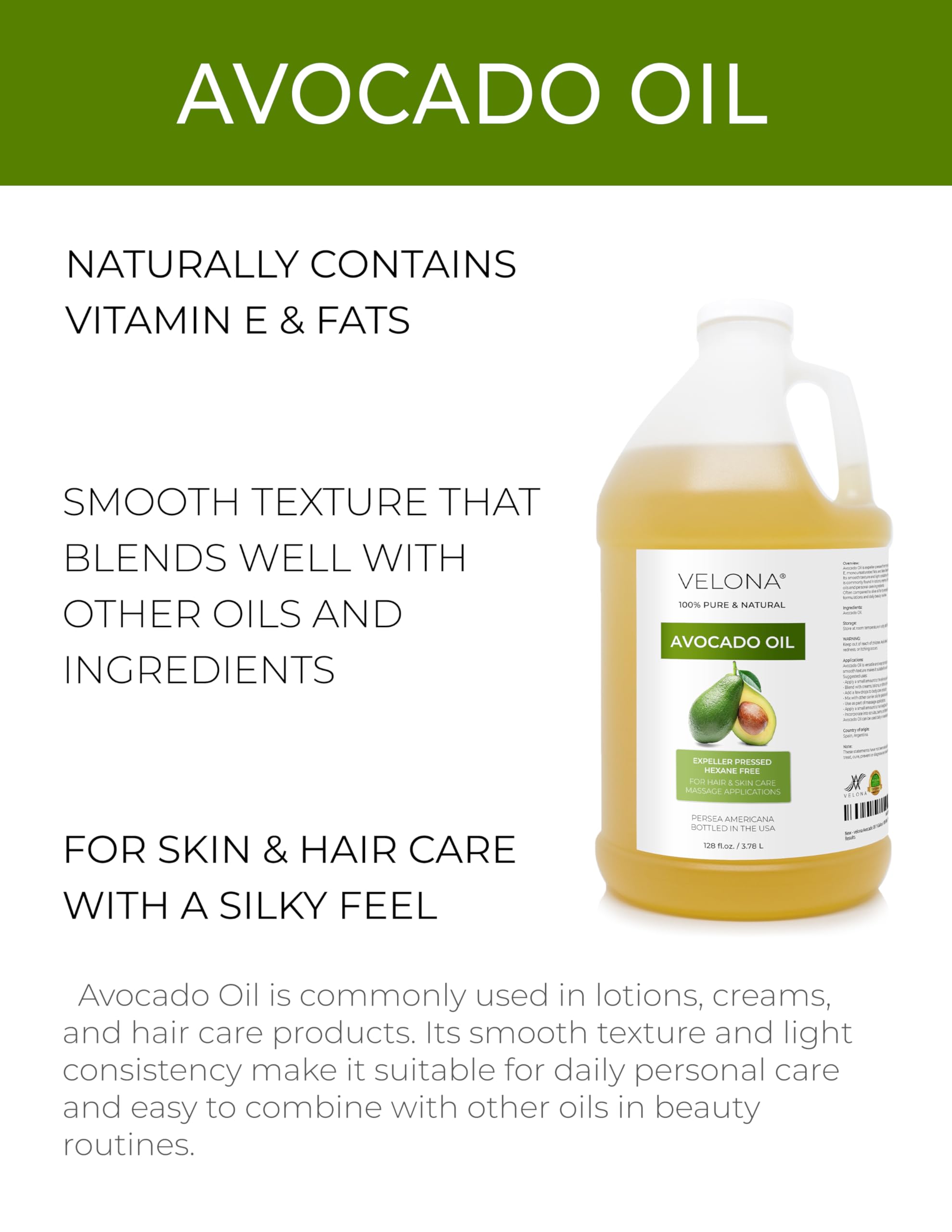 Velona Avocado Oil, 1 Gallon, Expeller Pressed Carrier Oil