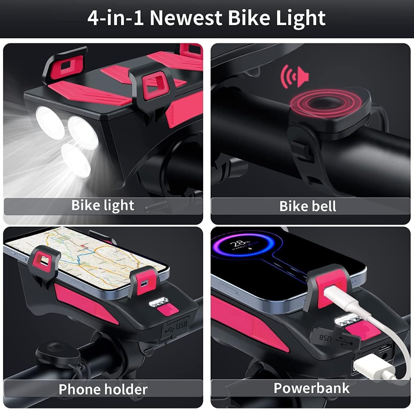 Set di luci per bici a LED con supporto per telefono ricaricabile, luce per bici da 4000 mAh con Power Bank con campanello e luce posteriore, torcia per bicicletta, escursionismo, campeggio, all mount