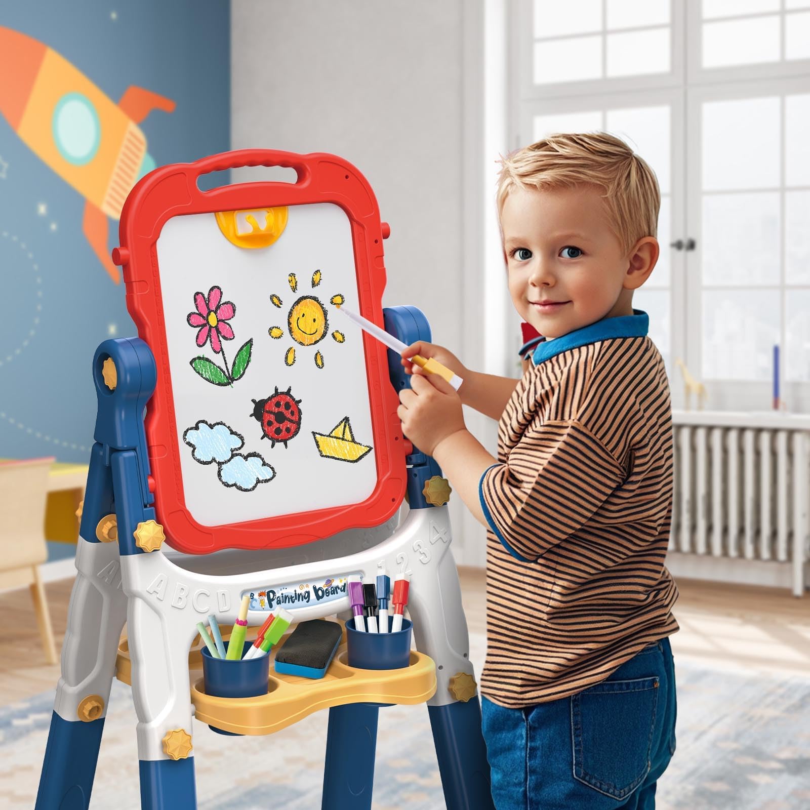 Caballete para niños, caballete para niños, pizarra de tiza de doble cara para niños, pizarra blanca, caballete de arte para niños, caballete de arte de 4 a 8 años, regalo de Navidad, rojo y 8