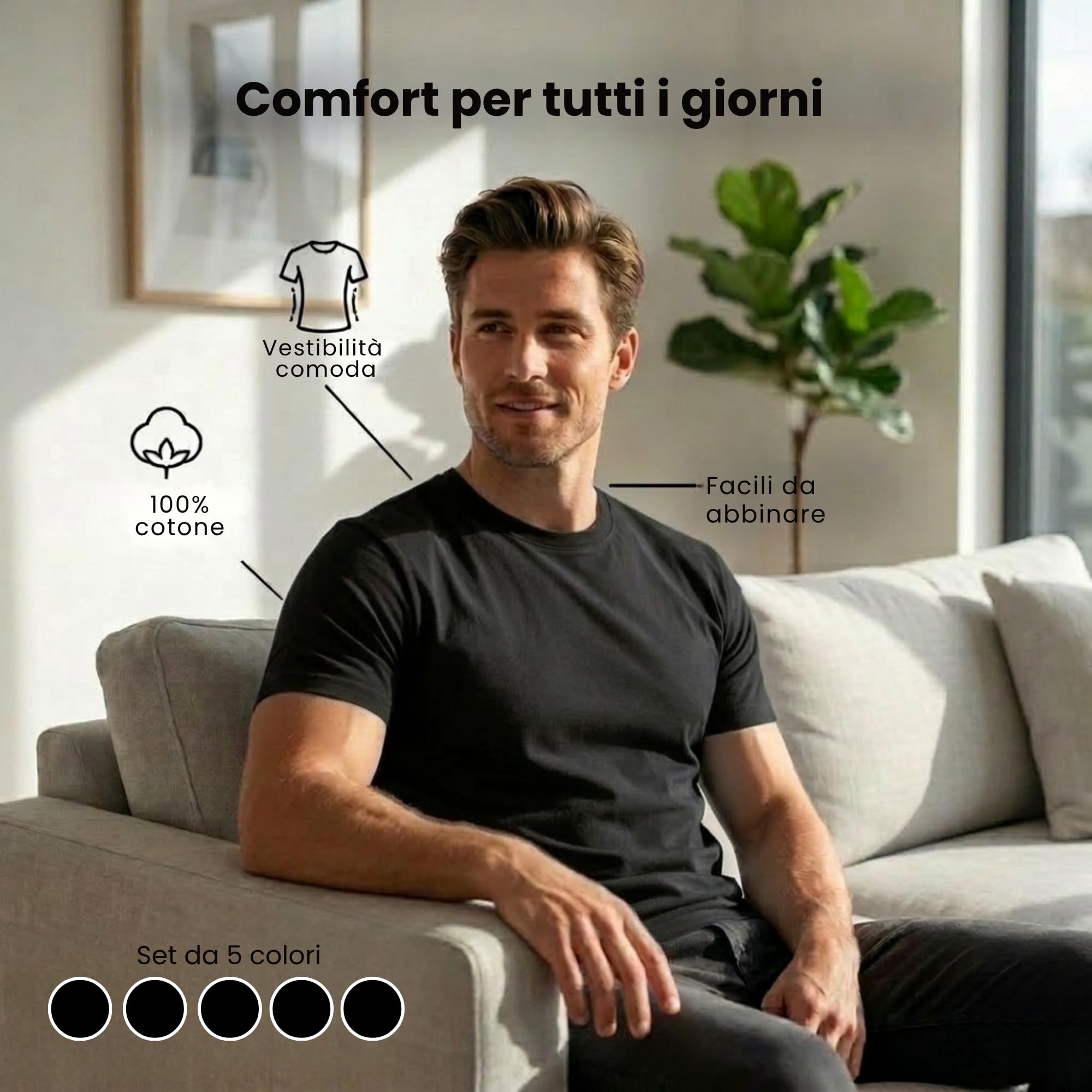 Xact T-Shirt da Uomo, (Pacco da 5), Tinte Unite, Girocollo, 100% Cotone