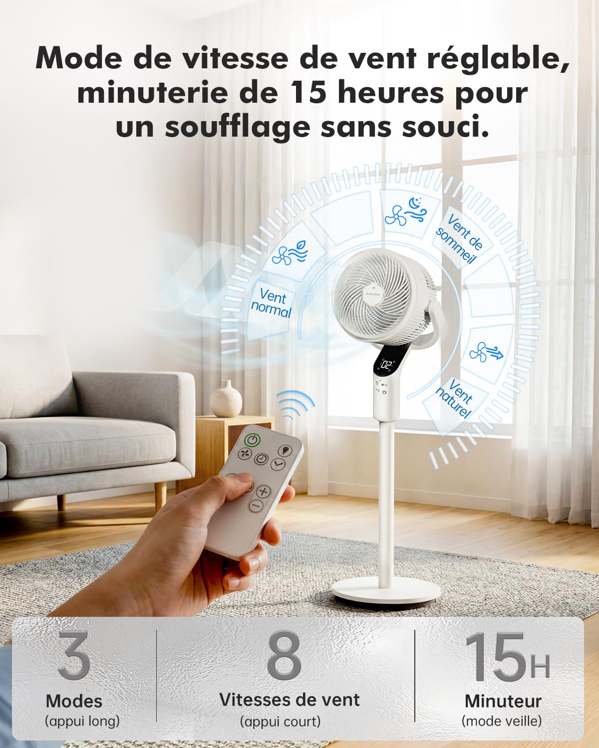 WOWDSGN 2026 Ventilateur sur pied, 22dB Ventilateur Silencieux, Vitesse du Vent 7.2 m/s, Oscillation 70°+80°, 8 Vitesses de Vent, 3 Modes, Avec Fonction Minuterie et Hauteur Réglable (Blanc)