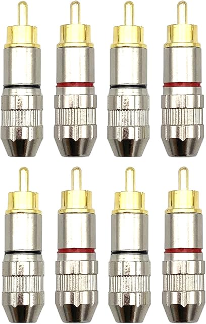 HKSMAN RCA Male Plug, Screws Audio Video In-Line Jack Adapter Audio Jack Connector for 4.5mm Speaker Cable Multimedia and CCTV, RCA Plug Solderless, Black And Red (8 Pack)