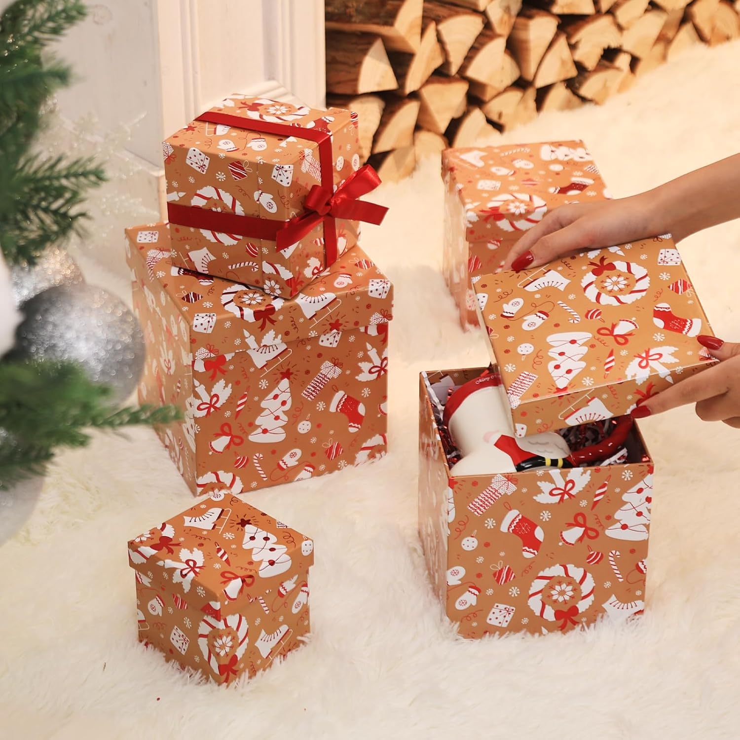 PAPER FAIR 5PCS Christmas Nesting Gift Boxes Set, Brown Kraft Candy Cane Xmas Stocking Red Foil Square Cardboard Nested Box w/Lid, for Gift Wrapping Holiday Present Birthday, Assorted Size