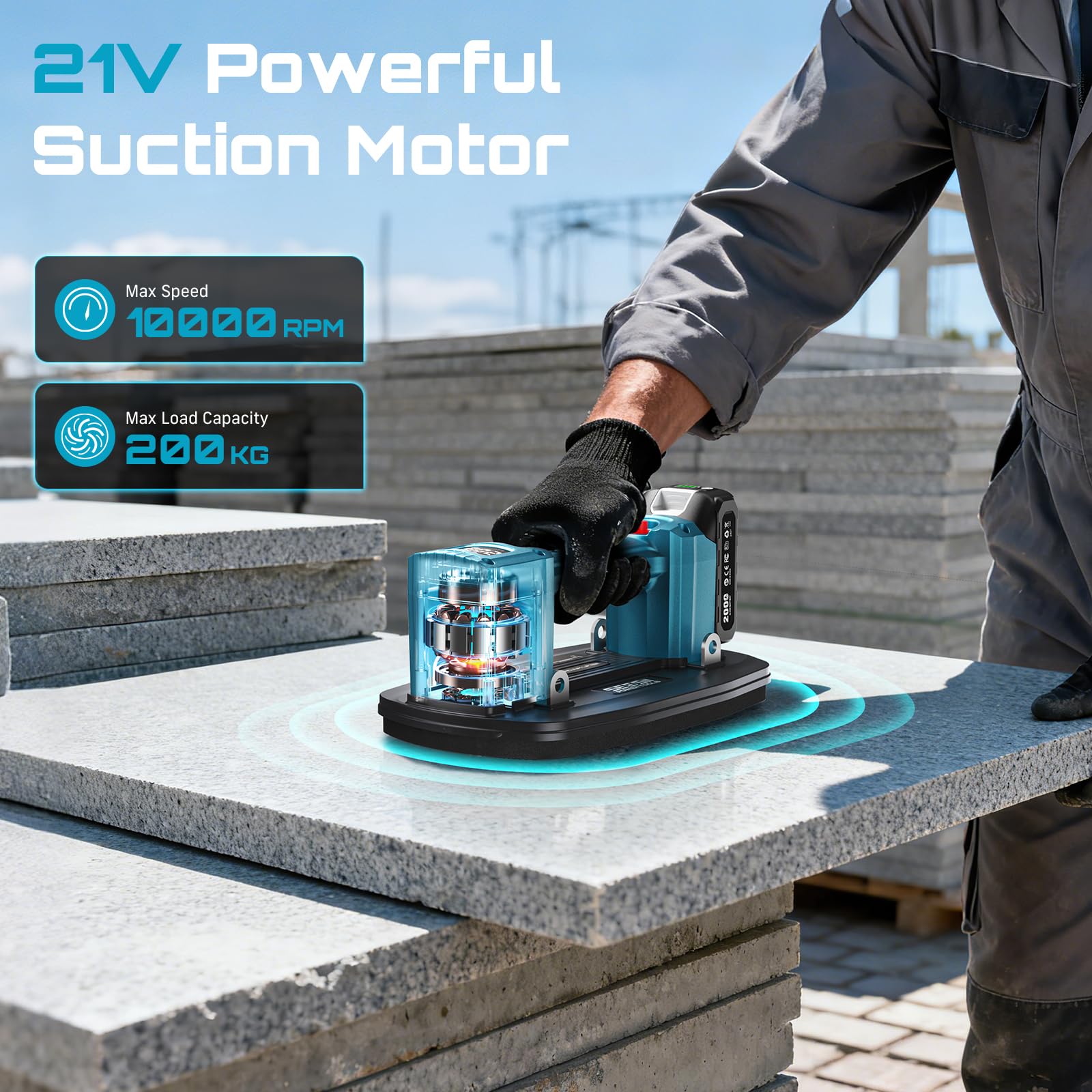 SEESII Saugheber Akku for Fliesen/Terrassenplatten, 21V Glassauger mit 2x 2000mAh Akkus, LED-Display, 200KG Tragfähiger, 11.8-Zoll Vakuum Saugheber, Vakuumheber Kompatibel mit Makita 18V-Batterie