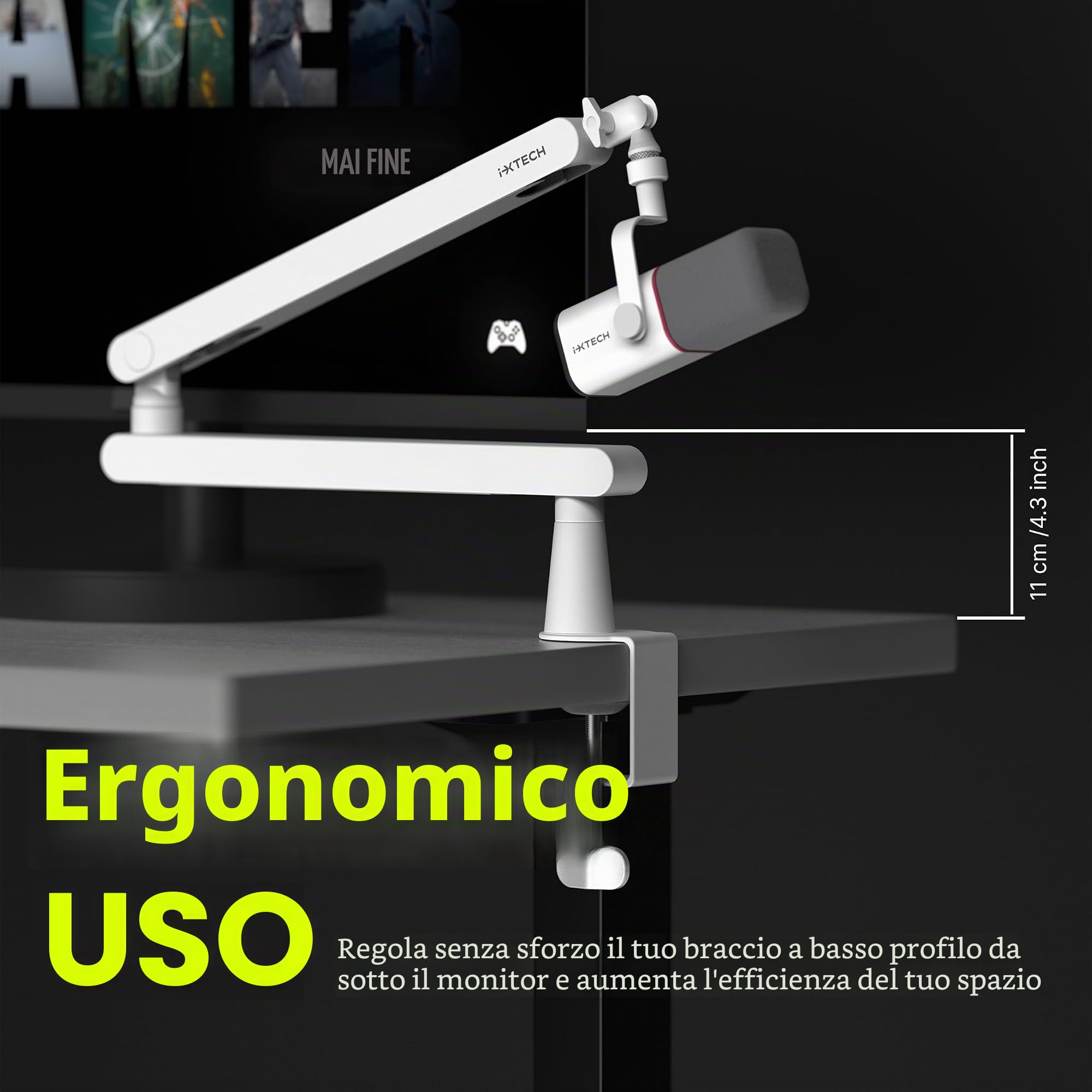 IXTECH Braccio per microfono regolabile girevole a 360°, supporto per microfono a profilo basso con staffa universale completamente regolabile per professionisti, braccio boom per microfono