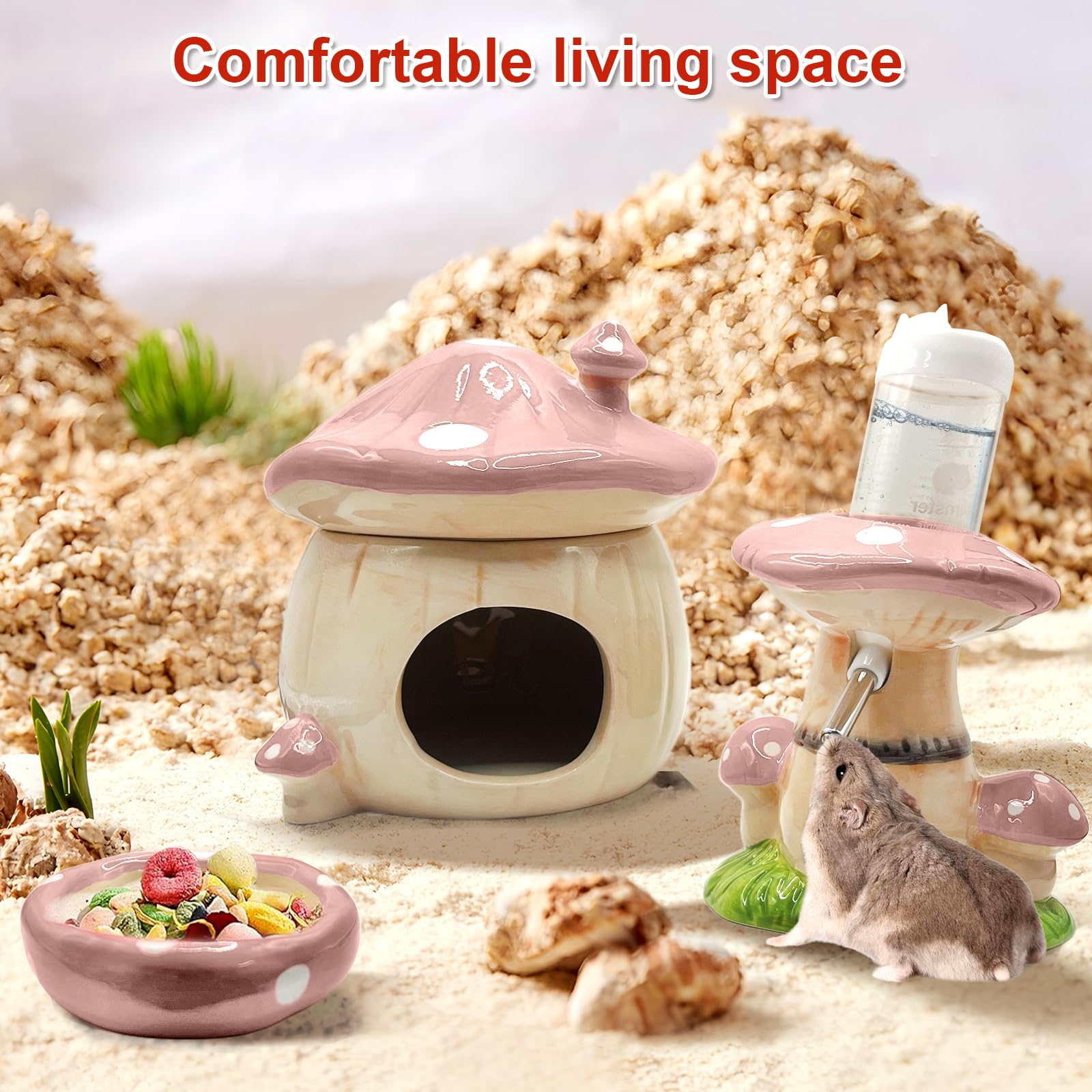 Nascondiglio in ceramica per criceti, bottiglia d'acqua con supporto, ciotola per cibo, accessori per criceti (rosa)