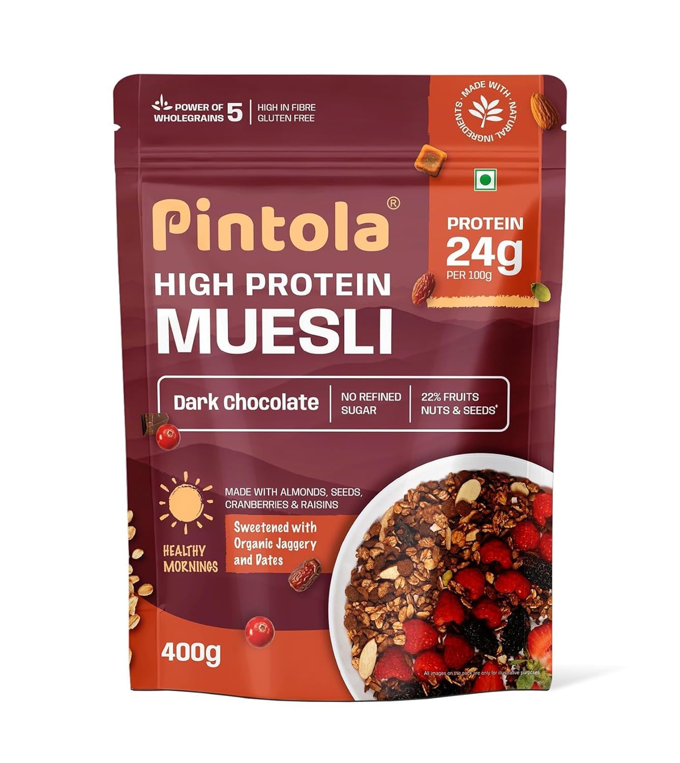 High Protein Muesli Dark Chocolate & Cranberry 400 grams (pack of 1), 24g Protein, High Fibre, Trans Fat Free with Brown Sugar, Real Fruits, Healthy Breakfast