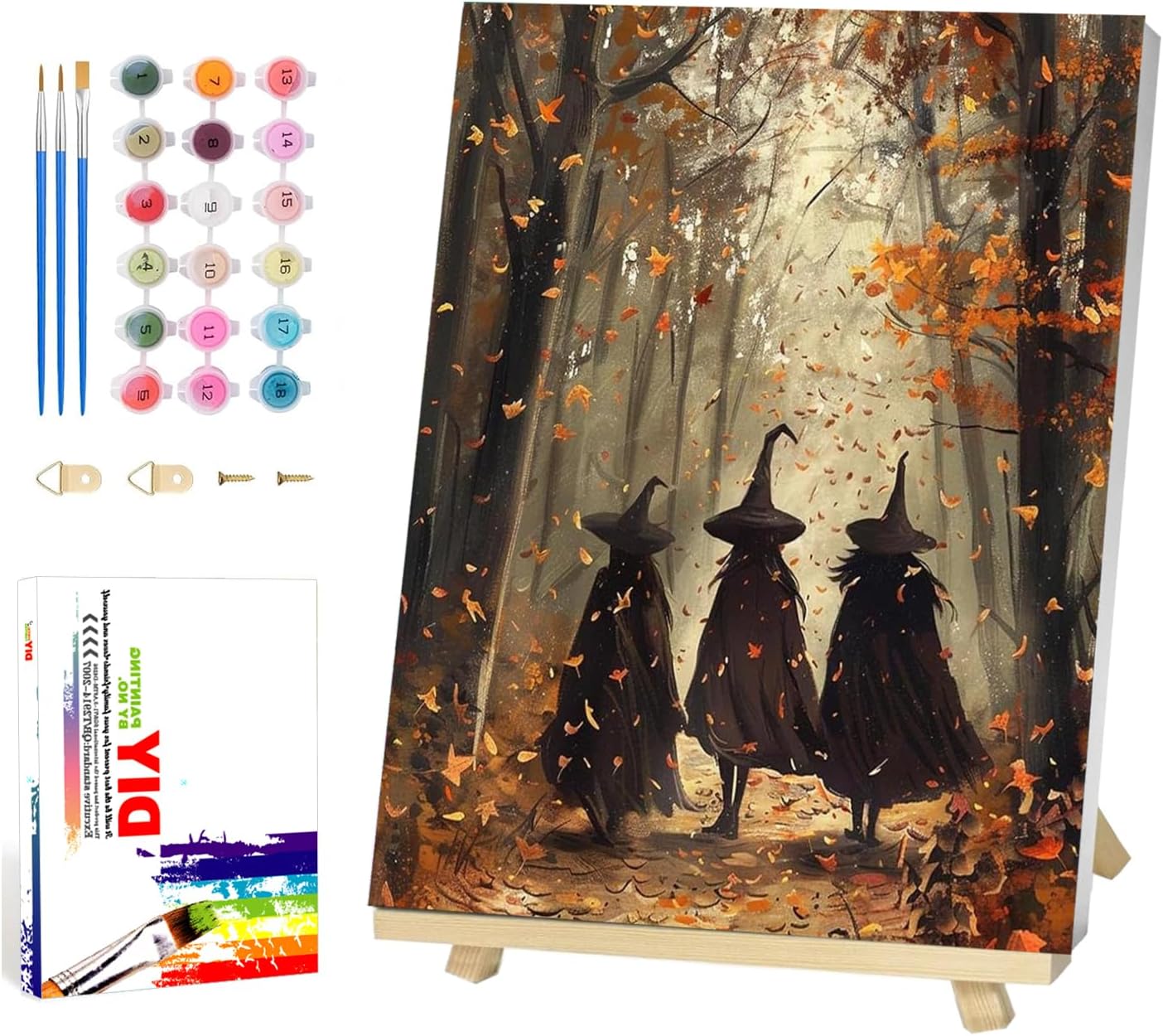 Reivworl Halloween Framed Paint by Numbers Kit for Adults with Wooden Easel, Witch Paint by Numbers, Painting by Number for Home Decor 16X20 Inch with Gifts Box