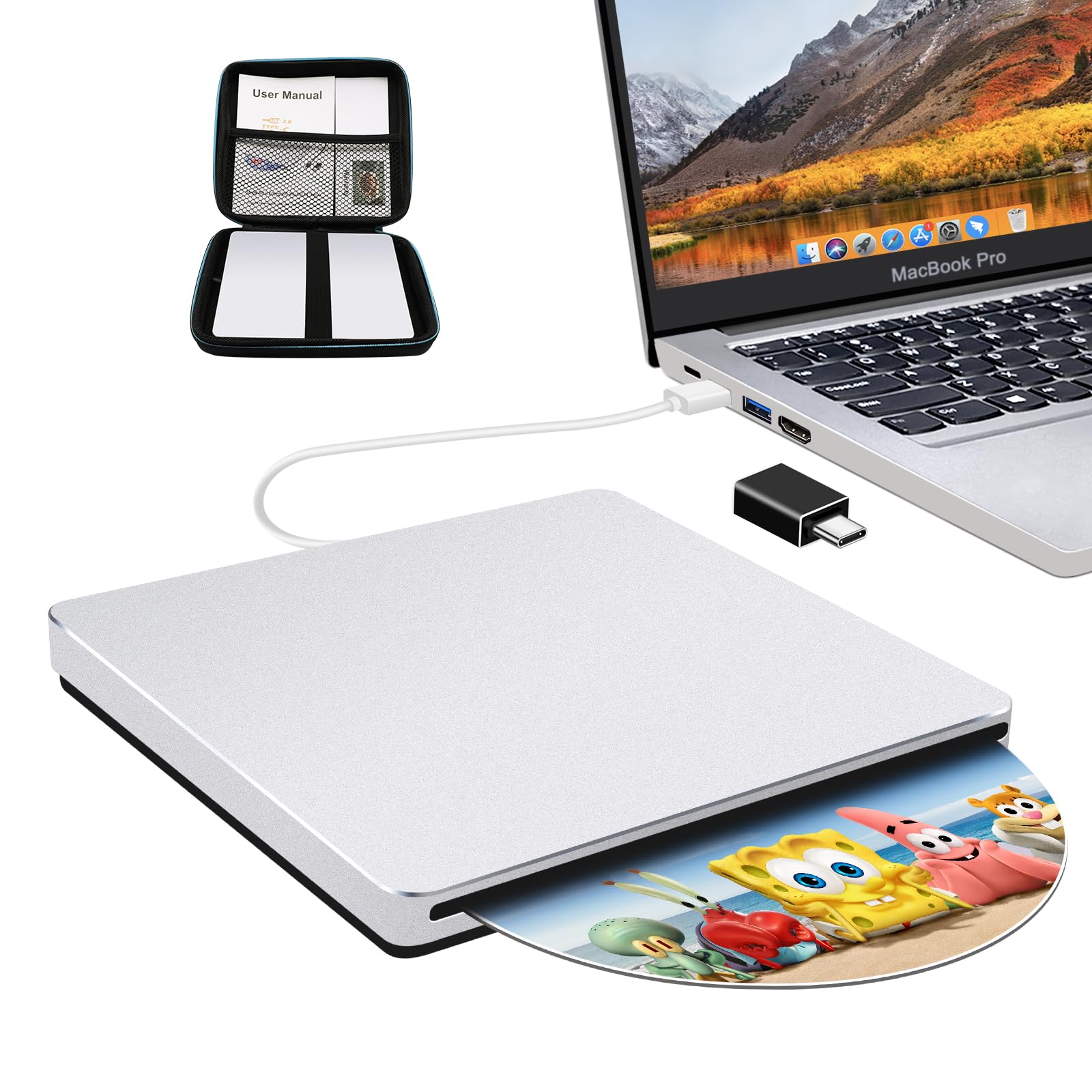 External CD DVD Drive: USB-C Slot-in DVD Burner Player for Laptop - Portable CD ROM Reader Writer Aluminum Alloy with Type-C Adapter for PC Apple Mac Windows 11