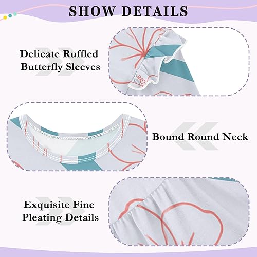 Girls Long Sleeve Ruffle T-Shirt Kid Soft Tshirt Tops 18M-5T(Diagonal Teal Stripes With Hibiscus Pattern,5T)