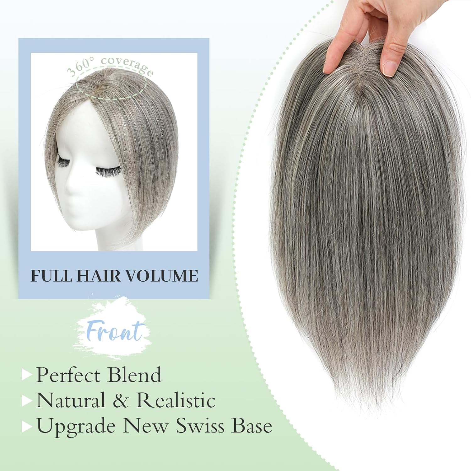 Real Human Hair Toppers for Women, Natural Hair Pieces, Lightweight Hair Topper to Fix Thinning Hair & Partial Baldness 30G(Mixed Light Grey)