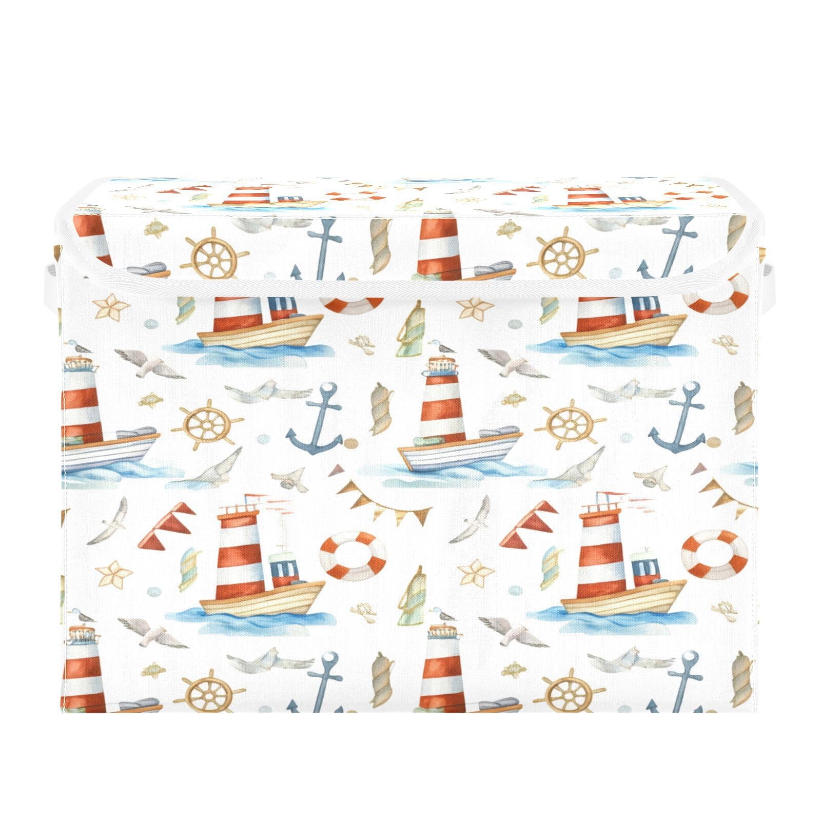 Ewusp Boat Fabric Storage Bin with Lid, Decorative Foldable Storage Basket with Handles, Stackable Closet Shelf Organiser Box for Clothes, Books, Bedroom, Living Room