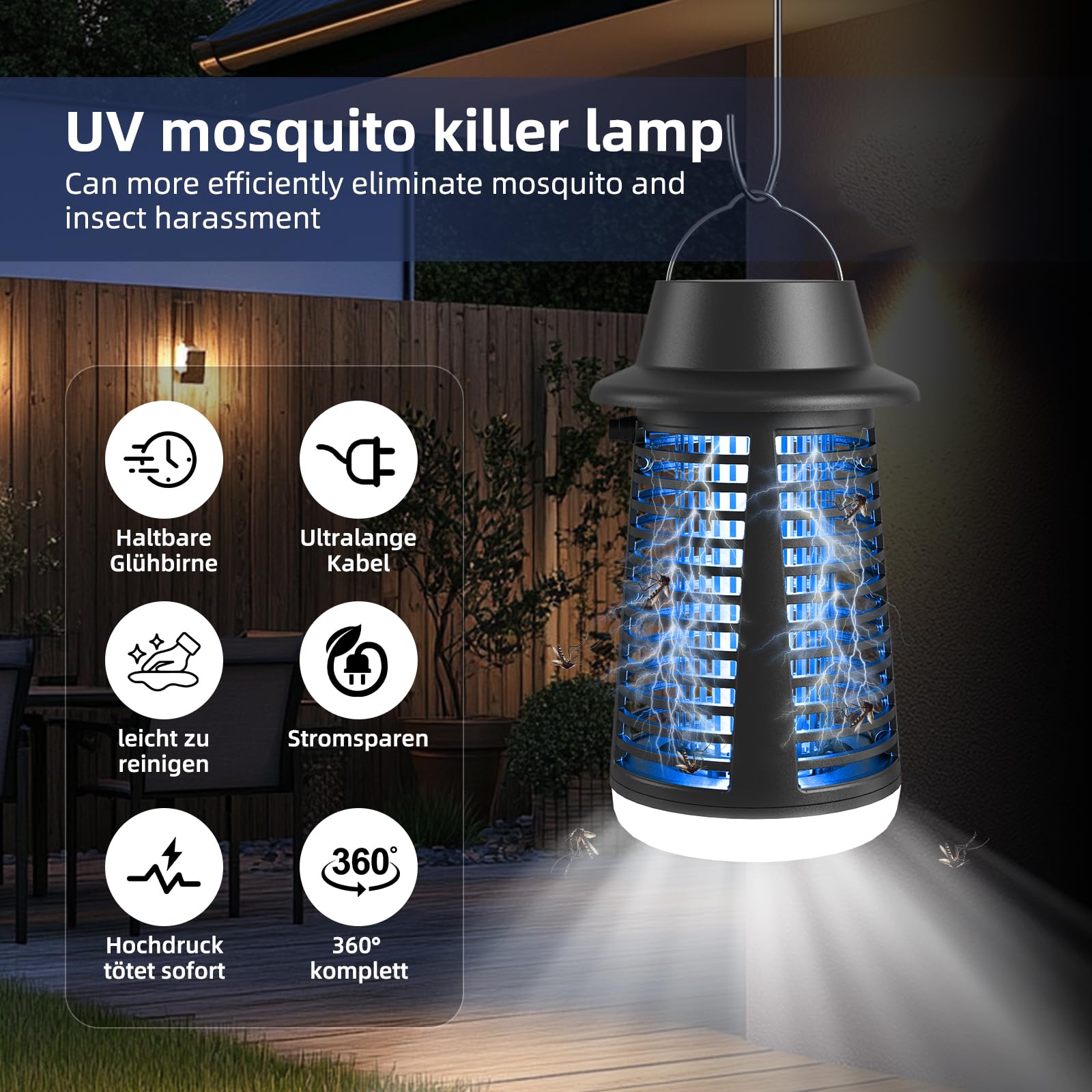 Insektenvernichter Elektrisch, leistungsstarke 4250V Hochspannung Fliegenfalle Elektrisch, effektives 20W UV Licht Mückenfalle, mit LED Basisbeleuchtung, IPX4 Wasserdicht für Innen und Außen
