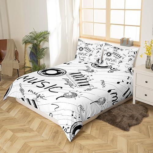 Miniatura 3 de Juego de ropa de cama con temática musical en blanco y negro, funda de edredón para niños y niñas, diseño musical, funda de edredón para