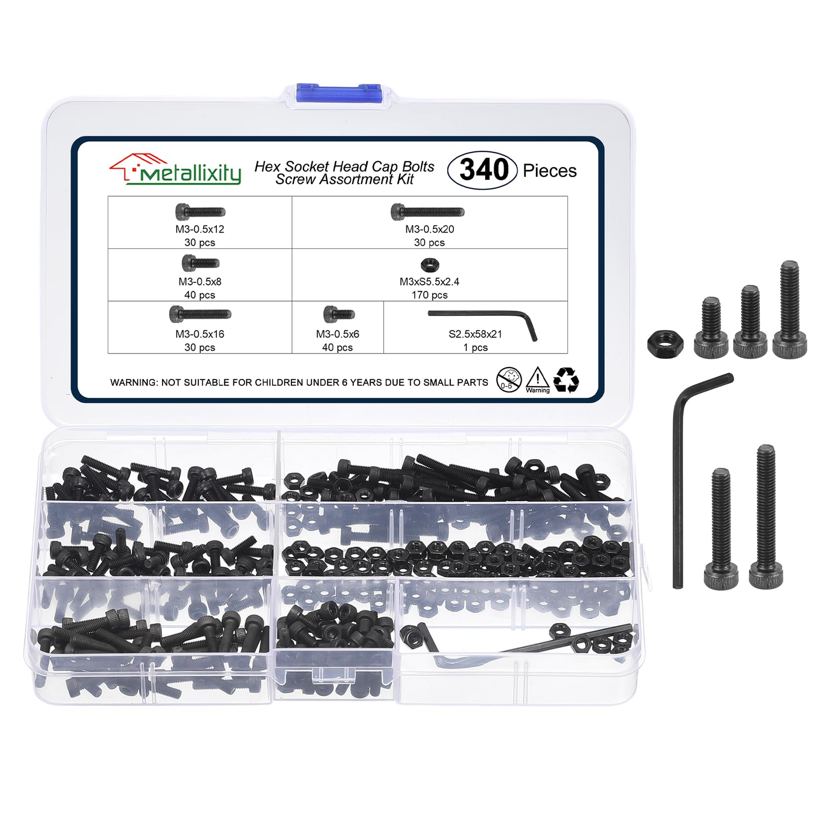 METALLIXITY Hex Socket Head Screws Kit (M3x8/12/16/20mm) 340Pcs, with Nuts and Washers Wrench Carbon Steel Allen Socket Drive Metric Black Oxide - Machine Grade 12.9 Internal Hex Screw, Black