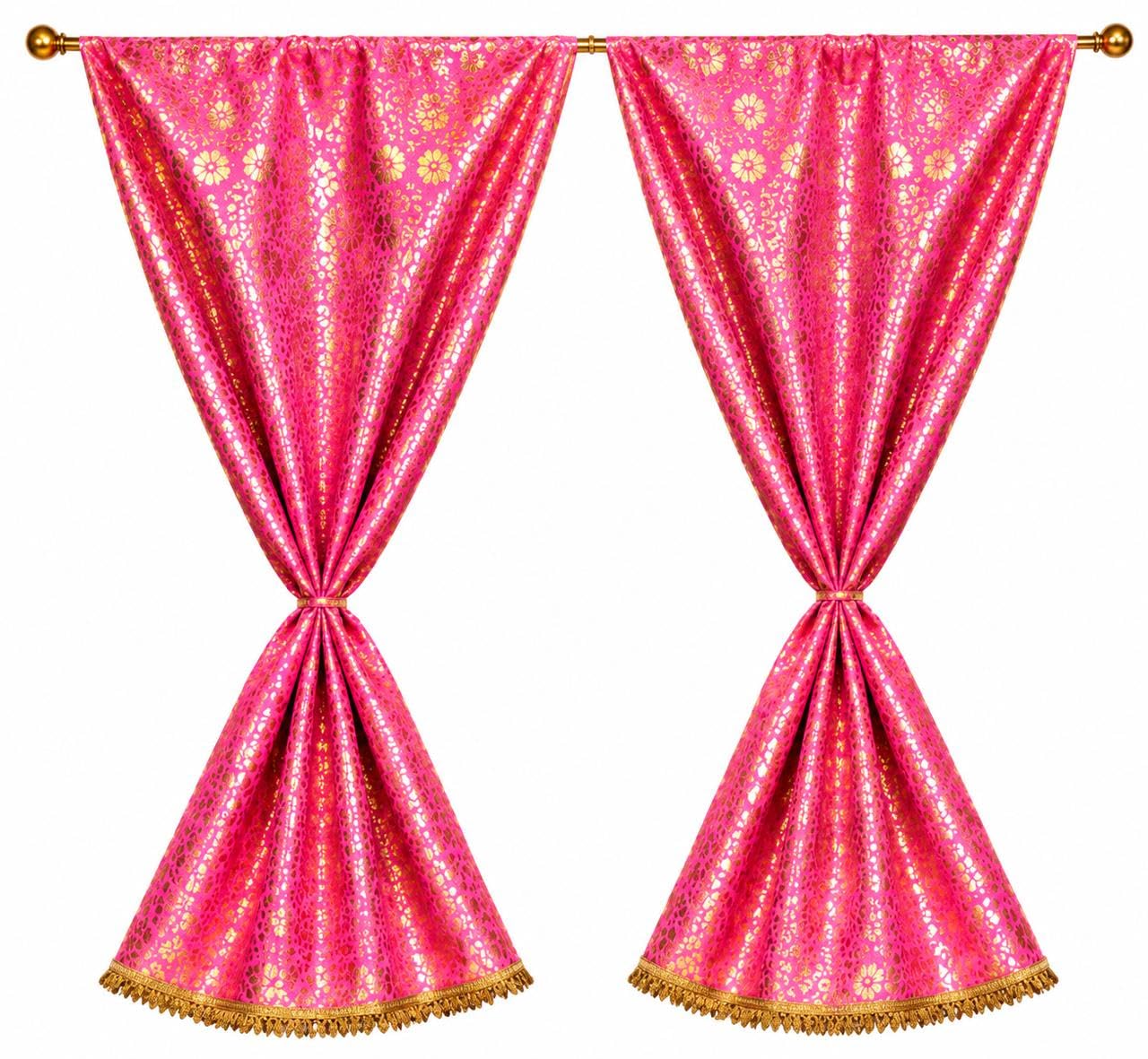 Pink Temple Curtain with Gold Floral Design, Decorative Lace Border, 28 Inch Length, 36 Inch Width, Set of 2-image-10