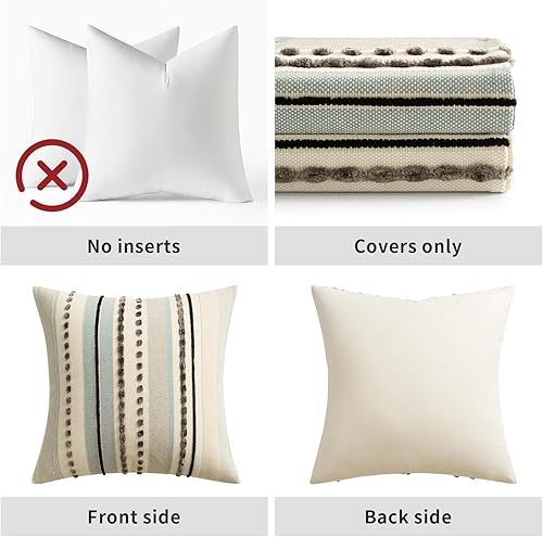 Miniatura 4 de EMEMA Juego de 2 fundas de almohada decorativas azules bohemias de 26 x 26 pulgadas, fundas de cojín de felpilla con textura a rayas, fundas de