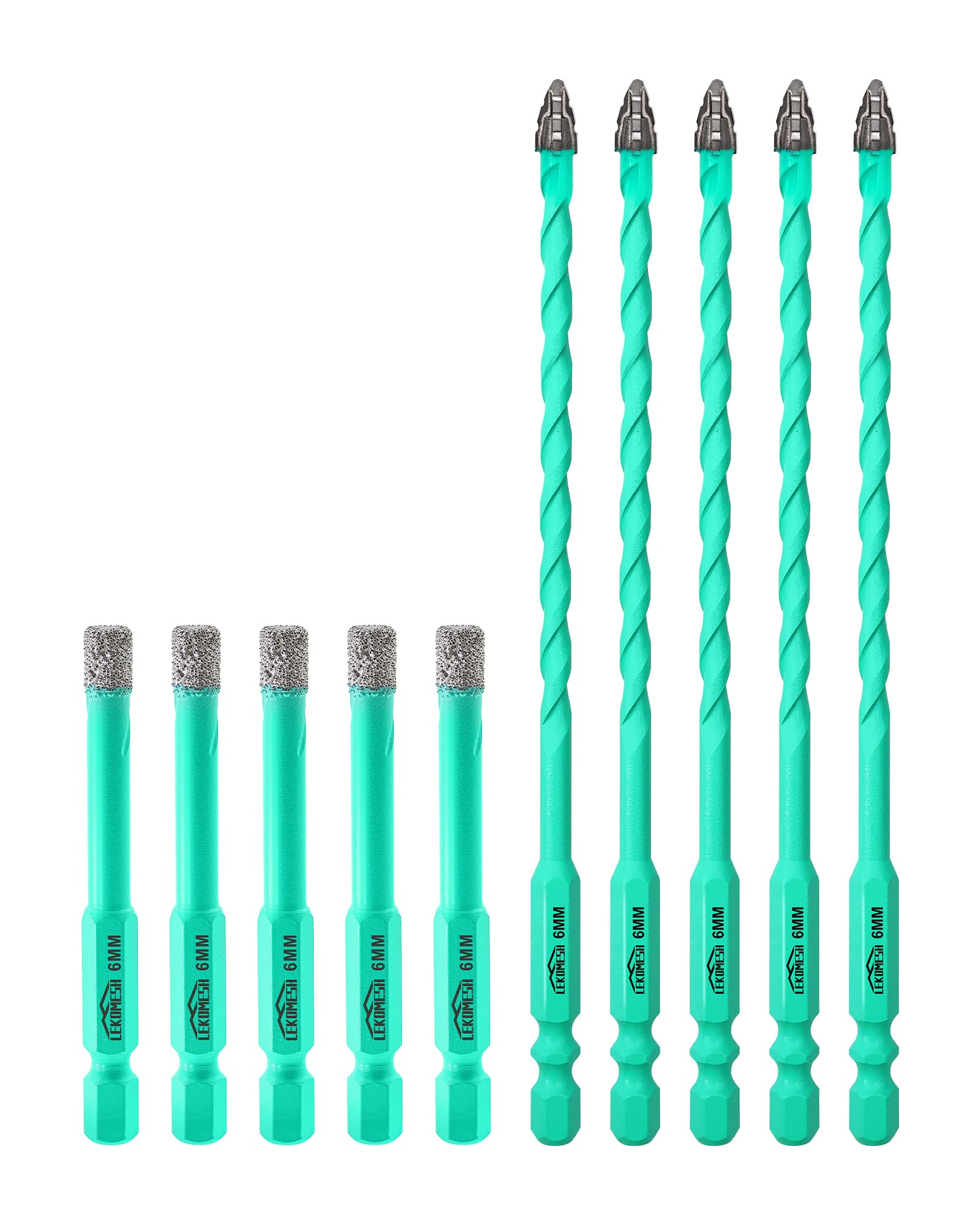 LEKOMESH Serrated Carbide Masonry Drill Bit Set - 6MM*5 Bits & 6MM*5 Dry Drills for Wood,Plastic,Masonry,Brick,Tile,Glass,Concrete,10PCS