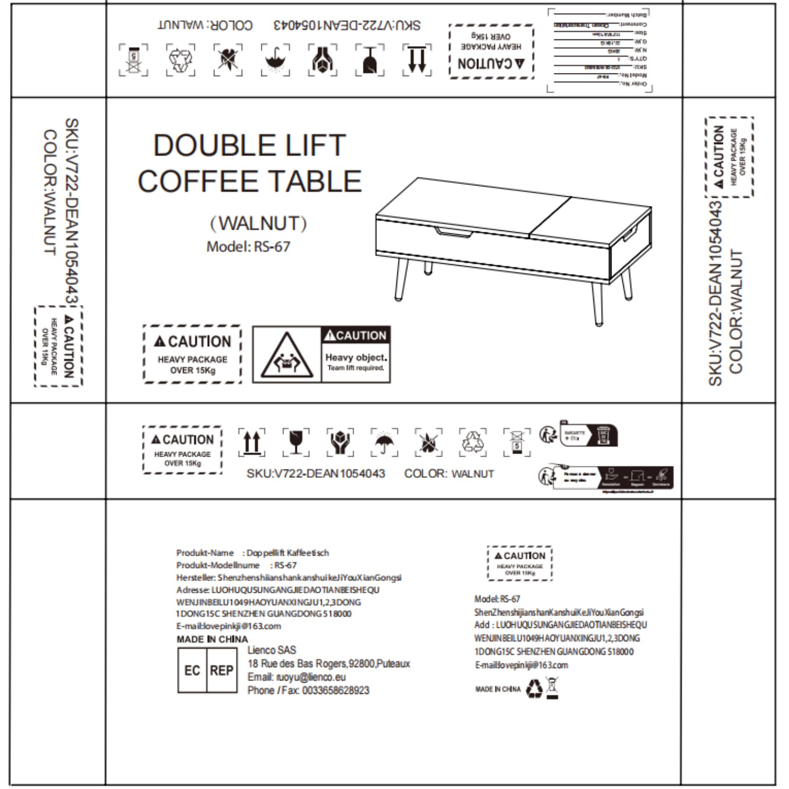 VOWNER Table Basse Relevable Extensible Noix | Double Plateau Réglable en Hauteur avec Compartiment de Rangement Caché