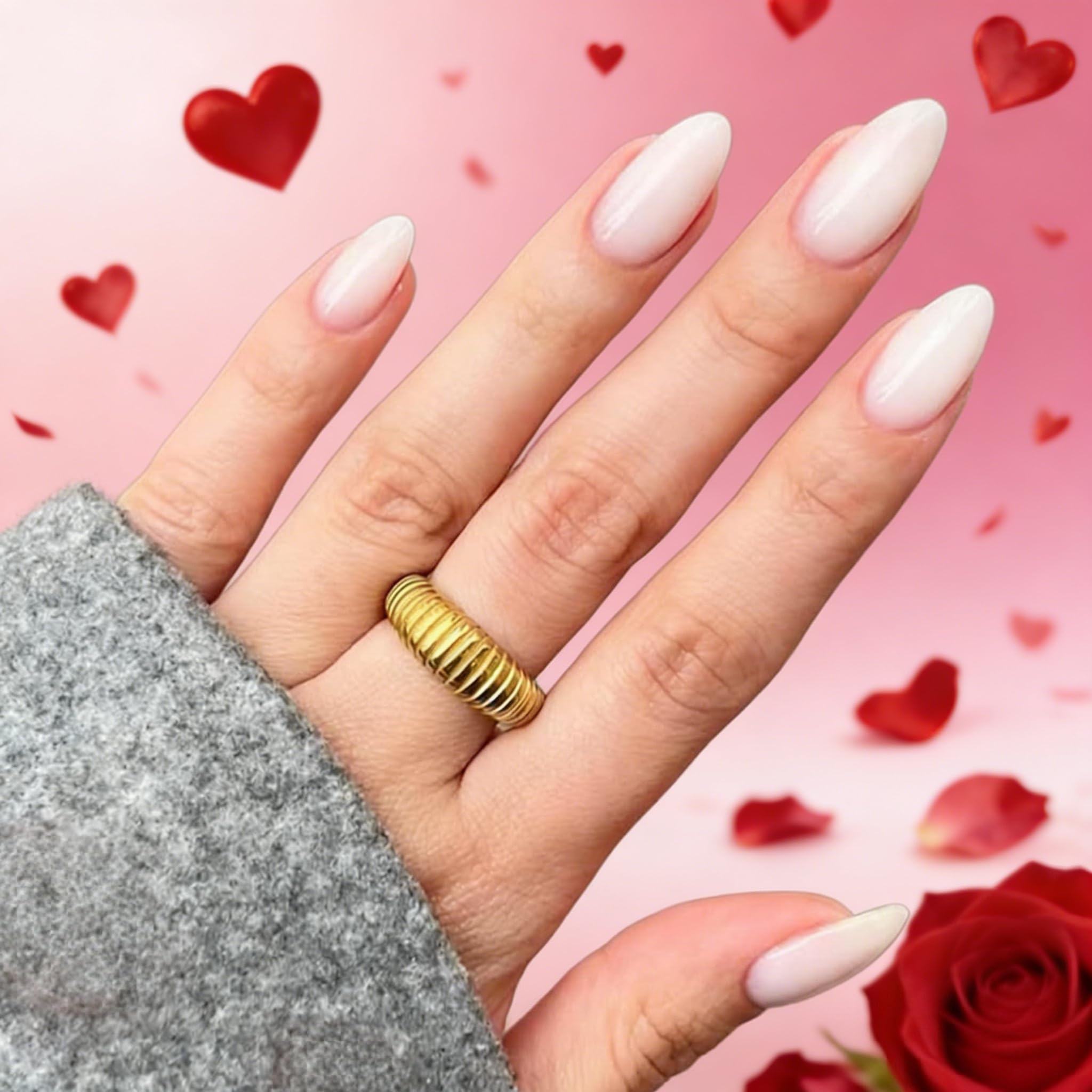 Modelones Valentine Milky White Press on Nails Almond, Short Fake Nails, Reusable Nail Kit with Nail Glue Adhesive Tabs Mini Nail File, Nails Press