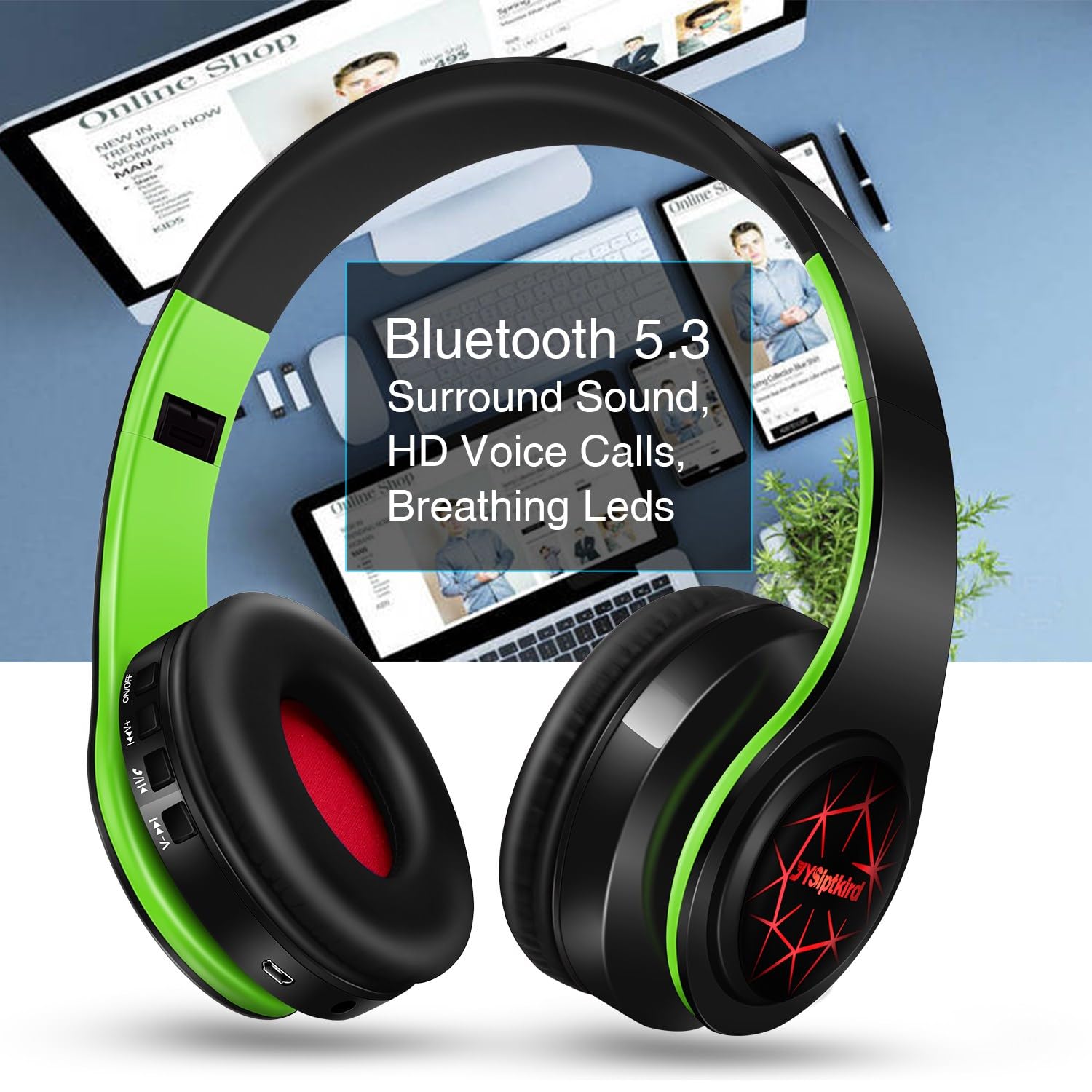 Bluetooth Headphones, Chat- Comfortable Over Ear Stereo Headphones,7 Breathing Led Lights up, Wireless Headset for Adult Teen Kid for Phone/Samsung/Pad/PC/Android/Laptop/TV (Green) 1