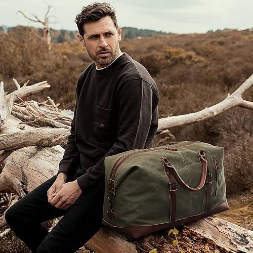 Miniatura 2 de S-ZONE - Bolsa de viaje de lona sobredimensionada con adornos de cuero genuino bolsa deportiva de hombro de fin de semana bolso de fin de semana