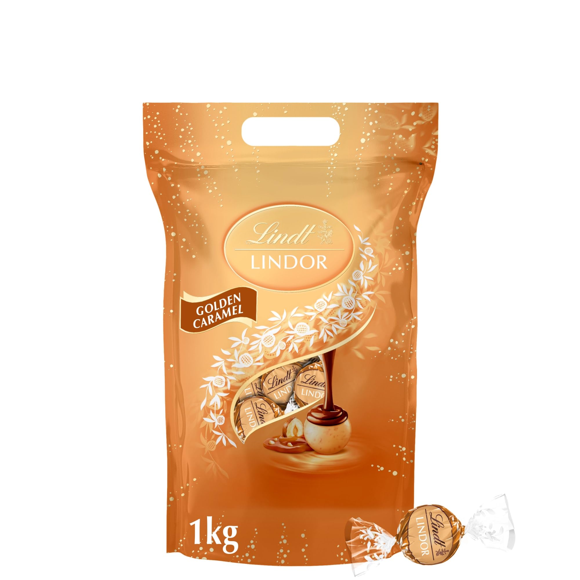 Lindt Schokolade | LINDOR Golden Caramel & Haselnuss | 1kg | 80 Kugeln in feiner Vollmilch-Schokolade g | Schokoladen-Geschenk zum Teilen