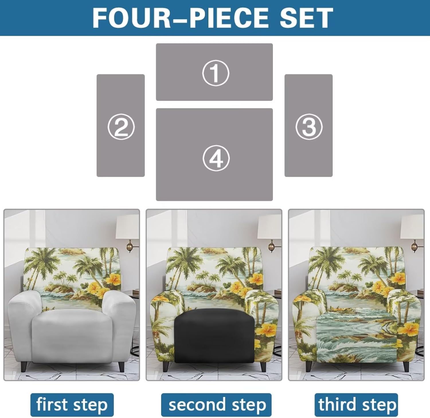 Tropical Hibiscus Palm Tree Print Recliner Chair Covers 4-Pieces Stretch Lazyboy Recliner Chair Cover Fitted Sofa Couch Cover Soft Reclining Couch Slipcover Furniture Protector