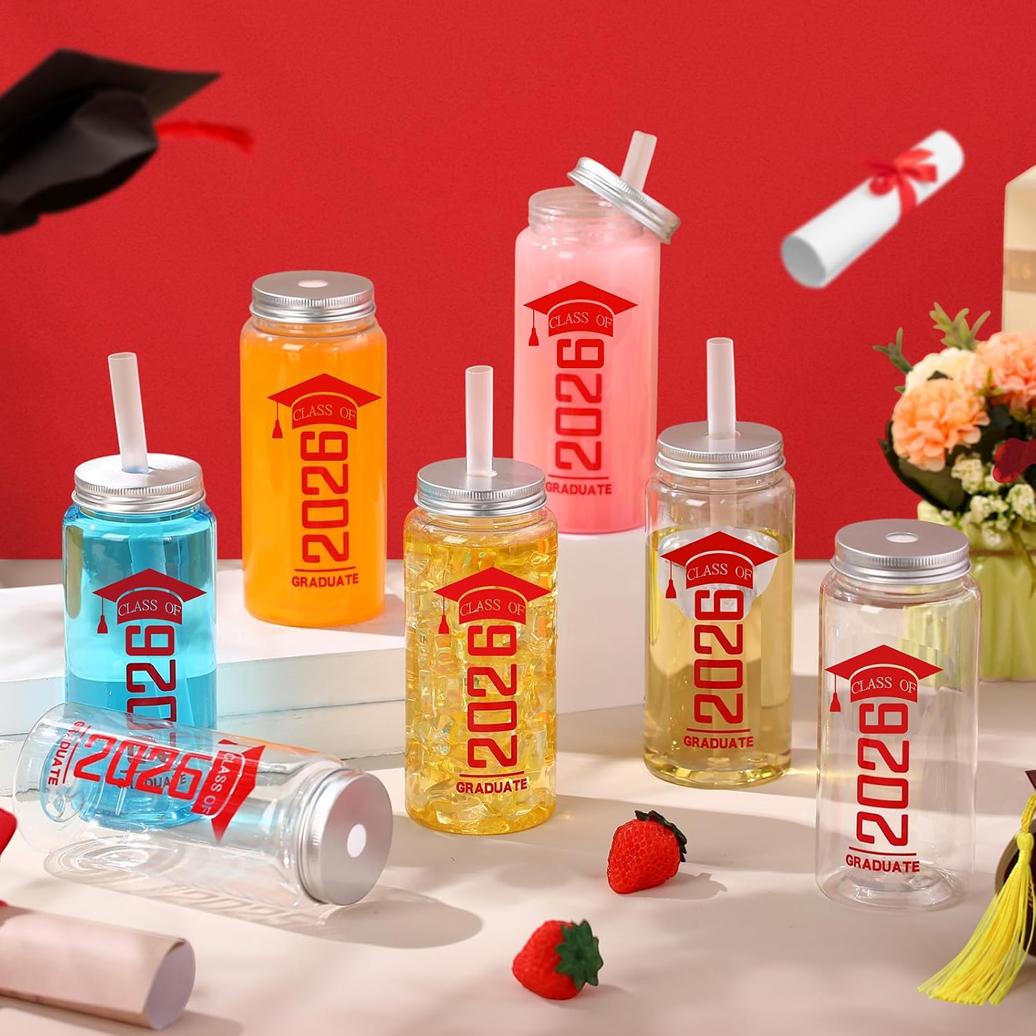 24 Pcs 2026 Graduation Gifts Class of 2026 Tumblers Bulk Reusable 13.5 oz Clear Plastic Cups with Straw and Lid Cold Drink Water Bottle for Student Graduation Decorations(Red)