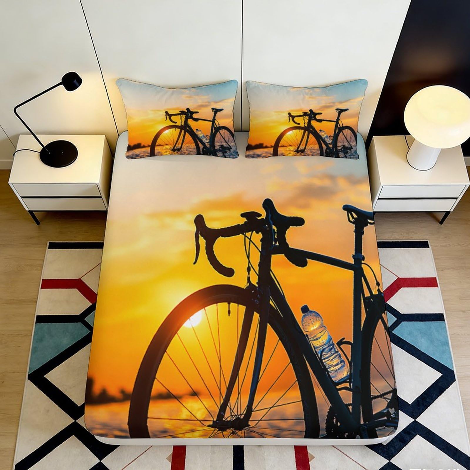 3D Printed Sunset Bicycle Fitted Sheet Microfiber Soft Mattress Cover Sunrise Cycling Bed Decor for Bedroom Guestroom 90x200x25cm