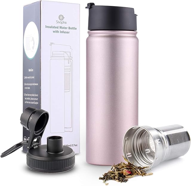 Sivaphe Tea Infuser Bottle Insulated Water Bottle Stainless Steel Drink Flasks Leak-Proof for Sports Outdoor, Double Walled Vacuum with Lids 500ml Christmas Gift Rose Gold