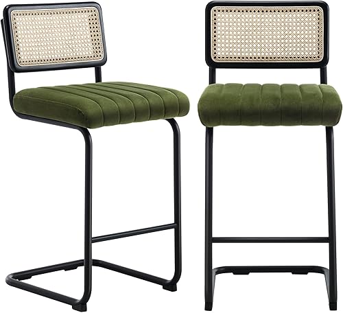 JIRAIN Juego de 2 taburetes de bar de ratán de 26.3 pulgadas, de terciopelo moderno de mediados de siglo con respaldo de bastón, taburetes de bar de disponible en Yaxa Colombia