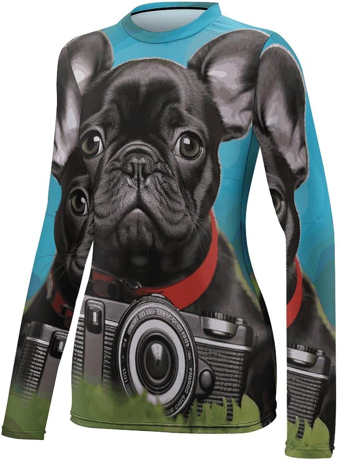 Women's Long Sleeve Shirts UPF 50+ French Bulldog Puppy with Camera Sun Shirt for Running Rash Guard Summer Ice Silk Tee