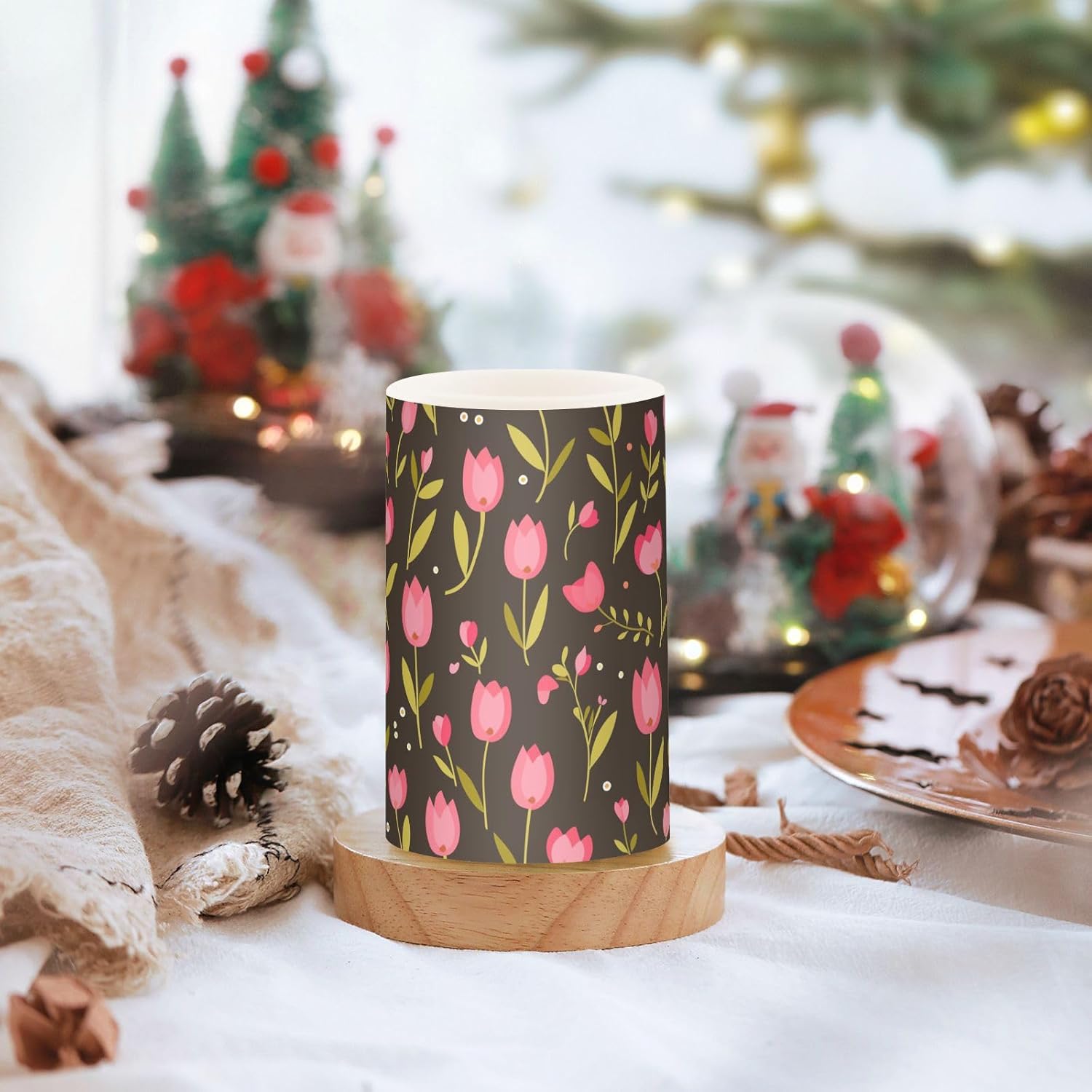 Pink Flower and Green Leaves Vector Illustration Flat Style Decorative Flickering Imitation Glass Candles with Remote Electronic Lights Mystique with timers for Camping Camping Battery