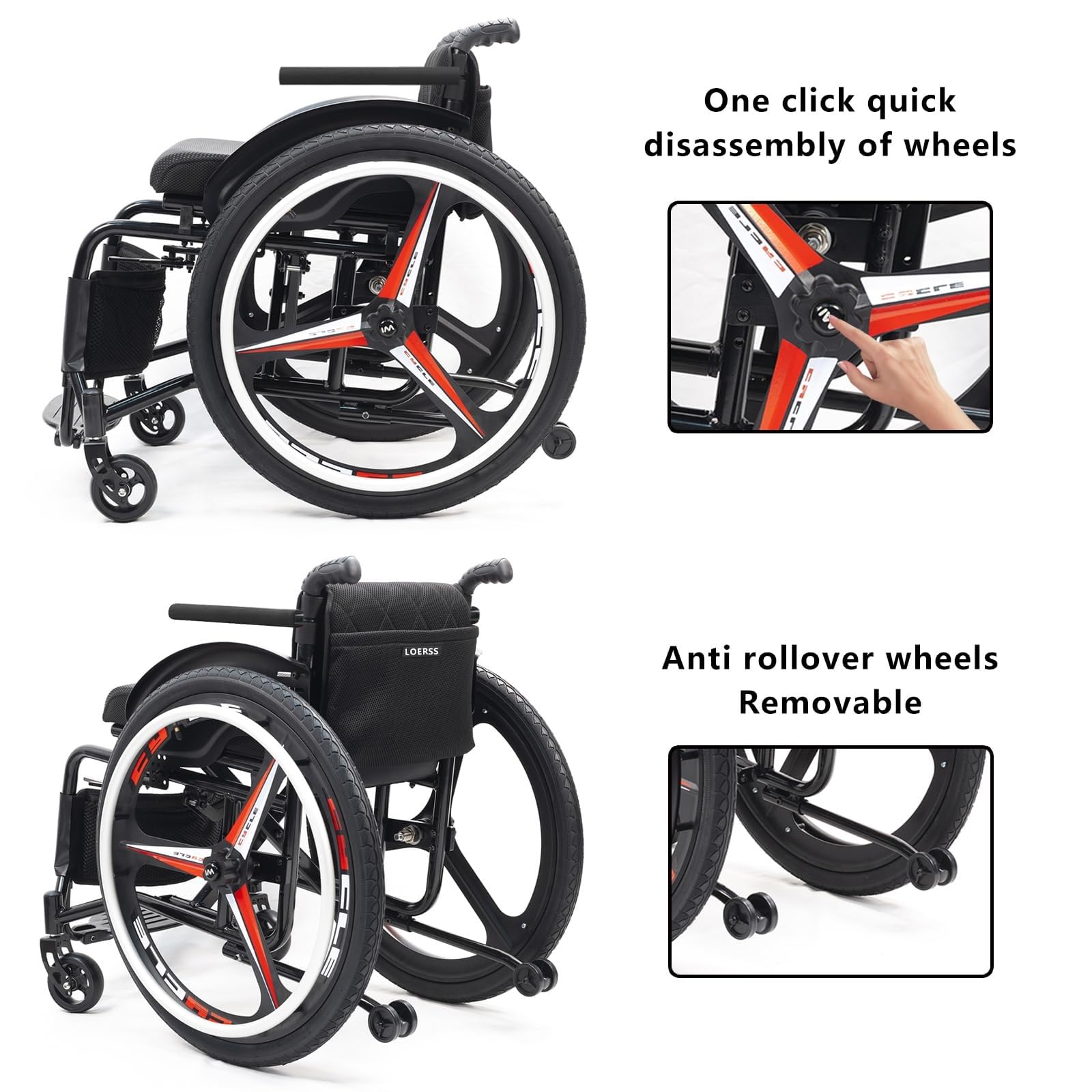 24-Zoll-Offroad-Reifen-Rollstuhl, Leichter Klapprollstuhl For Erwachsene, Rahmen Aus Aluminiumlegierung, Anti-Kipp-Räder, Handbremsen, For Reisen Im Freien(14.9in/38cm)