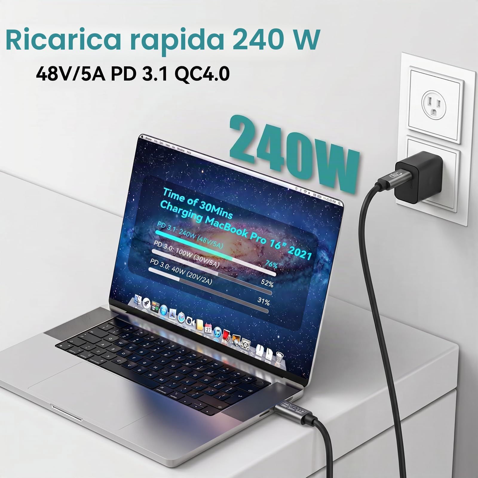 Thunderbolt 5 cavo da 1 m, 240 W, cavo dati da 80 Gbps, display da USB C a USB C da 240 W, per laptop, monitor, ecc