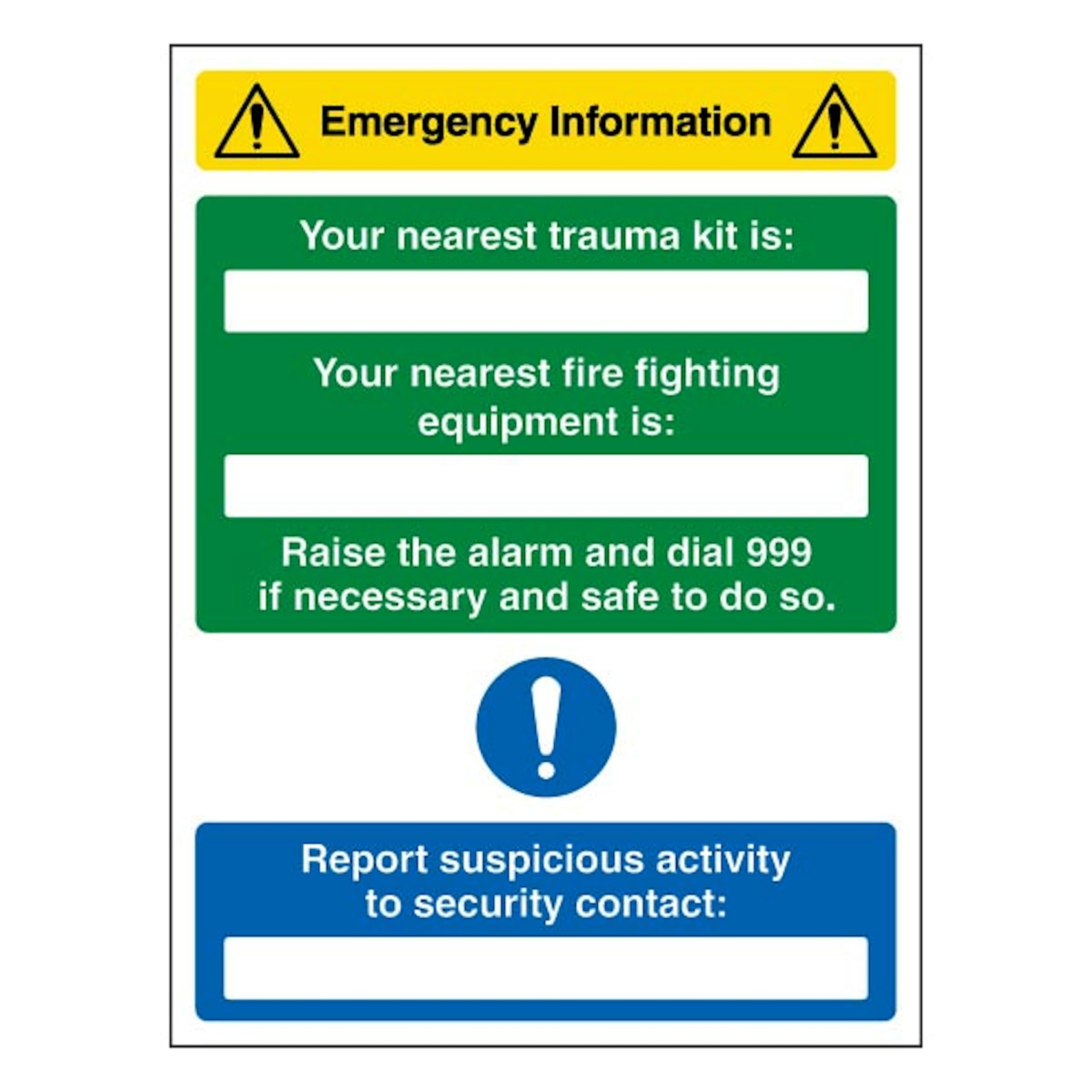V Safety Emergency Information - Nearest Trauma Kit/Fire Equipment Is 300 x 400mm - 3mm Aluminium Composite Safety Sign