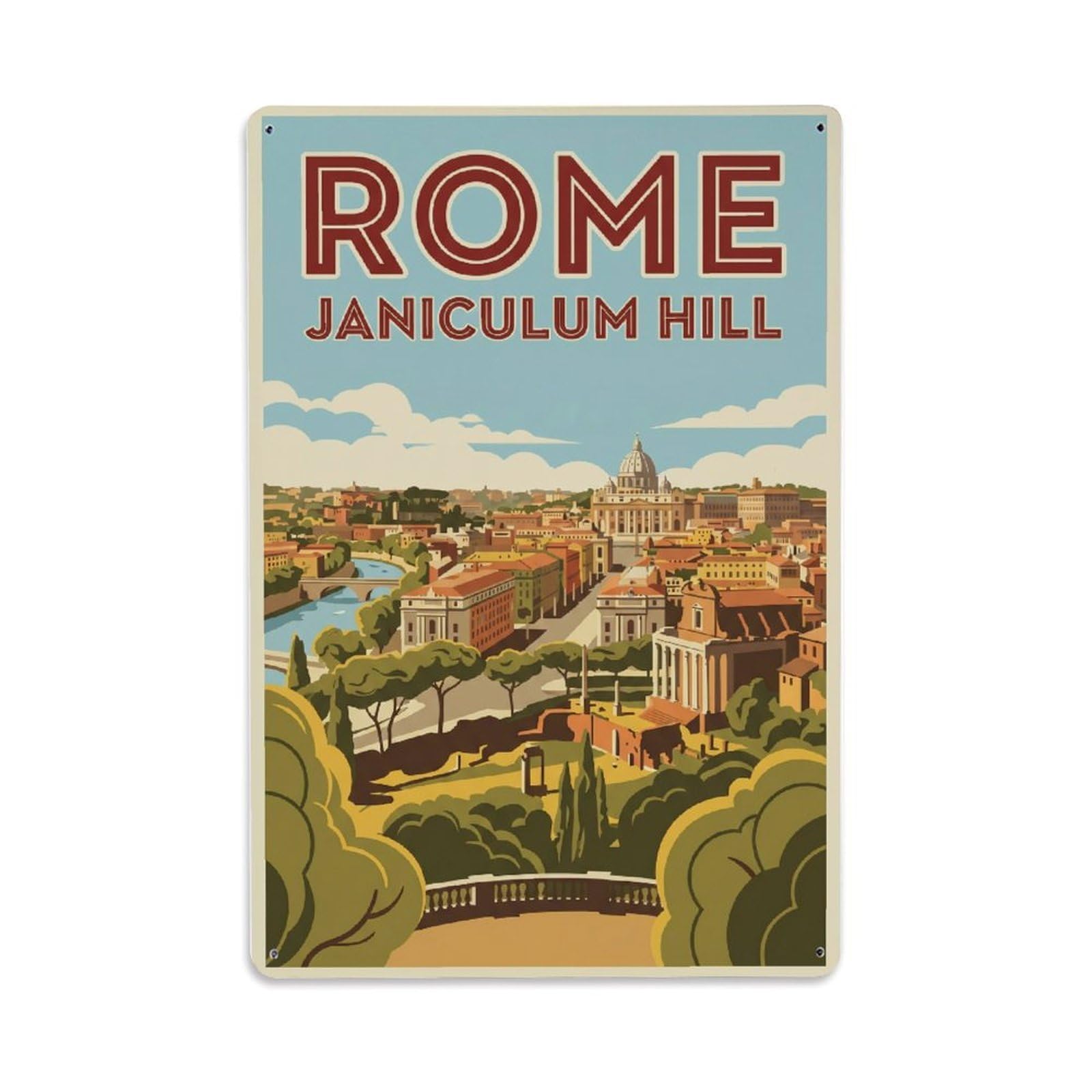 Vintage Travel Rome Janiculum Hill Panoramic City Views Italy Metal Tin Sign Plaque Wall Decor for Cafe, Club Bar, Office, Home Garden Metal Poster 8x12Inch