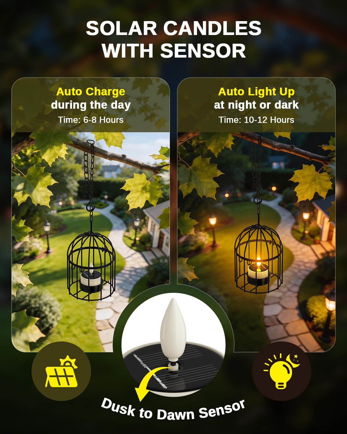 SoulBay Lanternes suspendues avec lumières solaires brillantes - 4 pièces (2 grandes, 2 petites) Bougies solaires étanches pour l'extérieur, lumières de jardin pour arbre, patio, clôture, décoration
