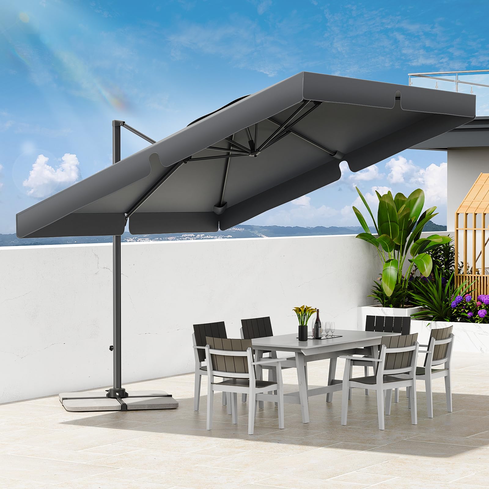 YEAUPE PRO Sombrilla Terraza Exterior 3x3m Giratorio 360°, Parasol Jardín con Altura Ajustable, Sombrilla Grande Cuadrado para Patio, Jardín y Piscina con Protección UV 50+