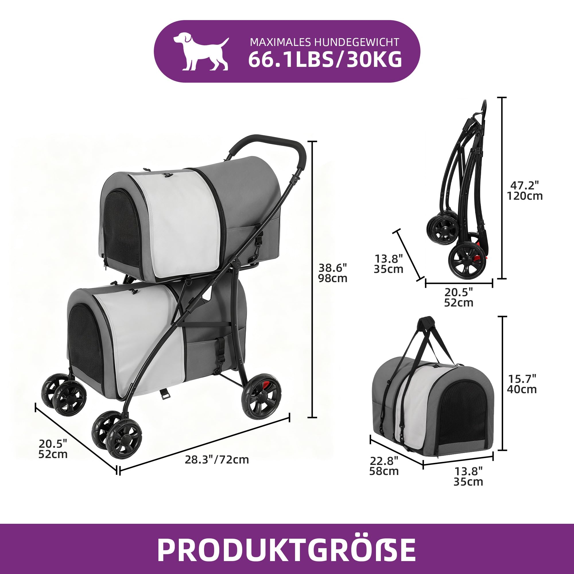 YITAHOME Passeggino per cani a doppio piano per animali domestici, portata fino a 30 kg, pieghevole, con finestra a rete, per due cani e gatti, grigio