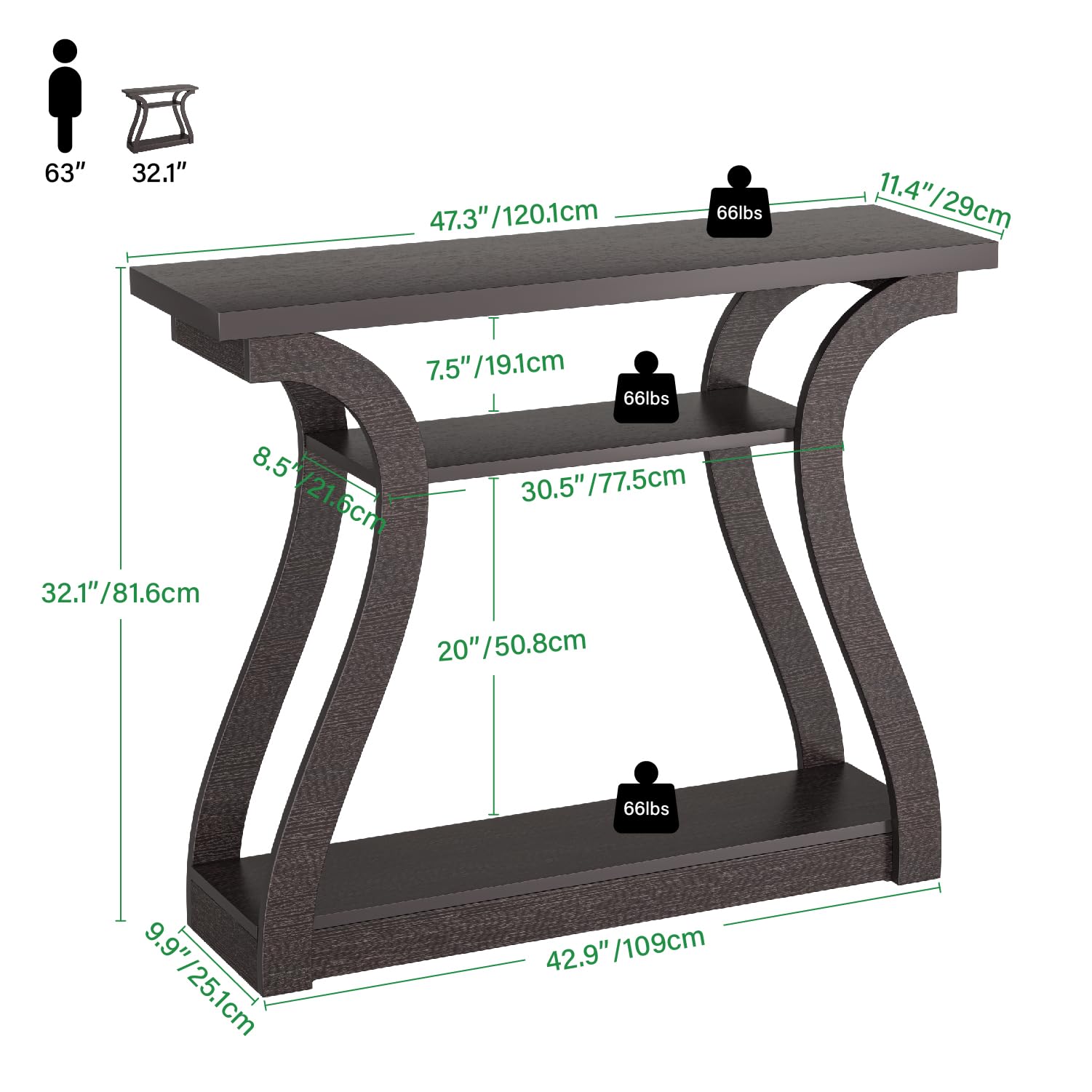 Tavolo consolle in legno con gambe e mensola, moderno 3 livelli per ingresso, soggiorno, corridoio, 47 in largo, facile da montare (cappuccino/marrone scuro)